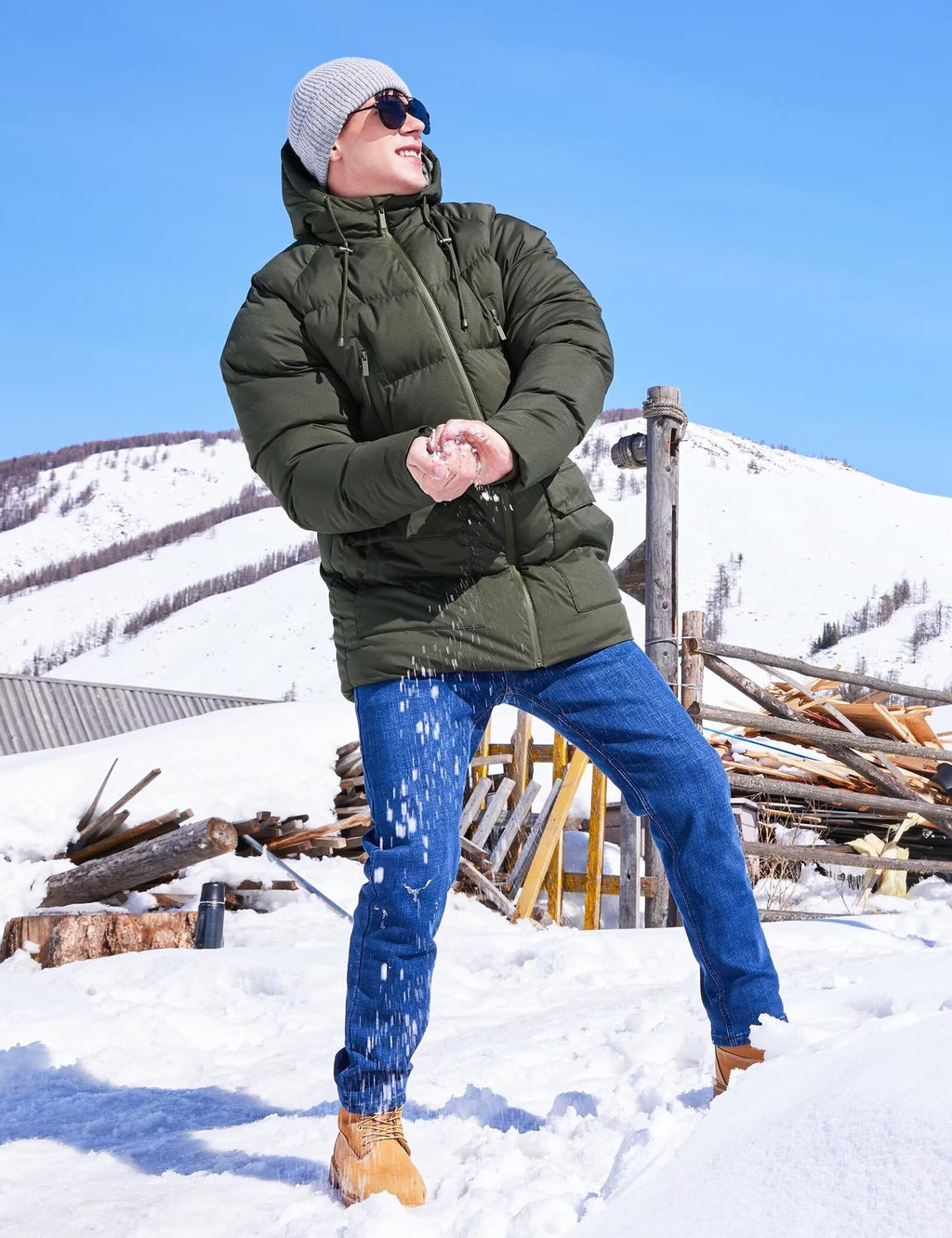 Rejork Men s Long Winter Coat Hooded Warm Quilted Jacket Water-resistant Cold Weather Parka Army Green XL