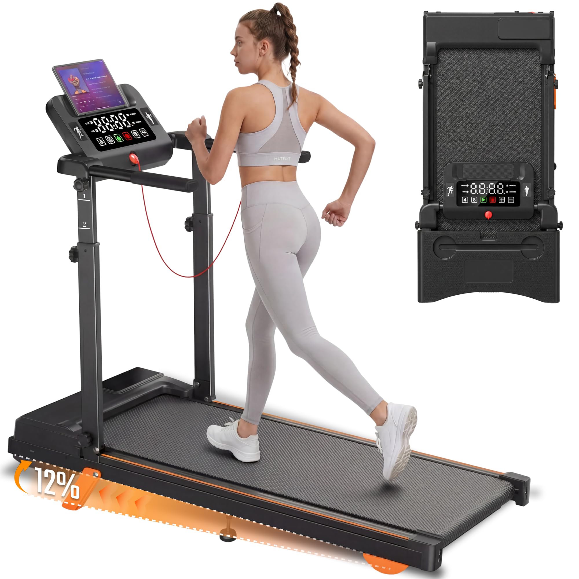Foldable Walking Pad Treadmill with 12% Incline for Home Small, 3.5HP Under Desk Quiet Treadmill with Handle Bar, Compact Runnin