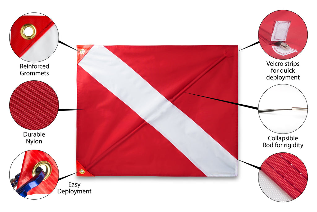 Dive Flag With Removable Stiffening Pole - 20 X 24 For Scuba Diving Spearfishing Freediving  Use With Float, Buoy, Boat, Flagpol