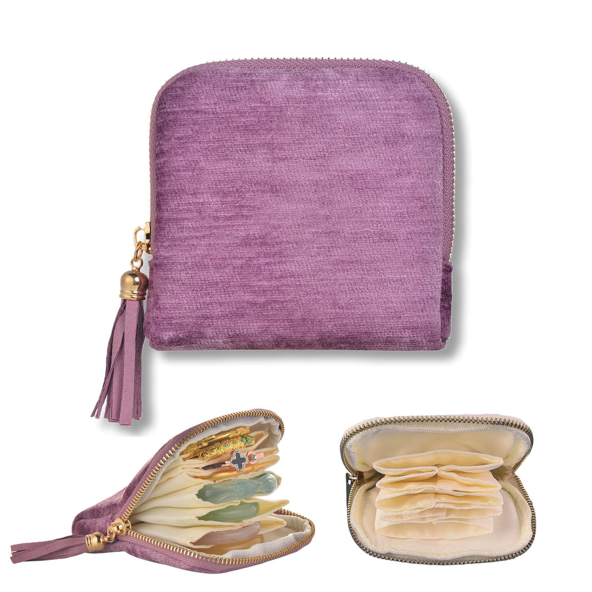 Tarini Purple Tassel Jewelry Organizer Pouch, Compact Portable Travel Jewellery Storage Bag with Multi Separate Pockets, AntiSc