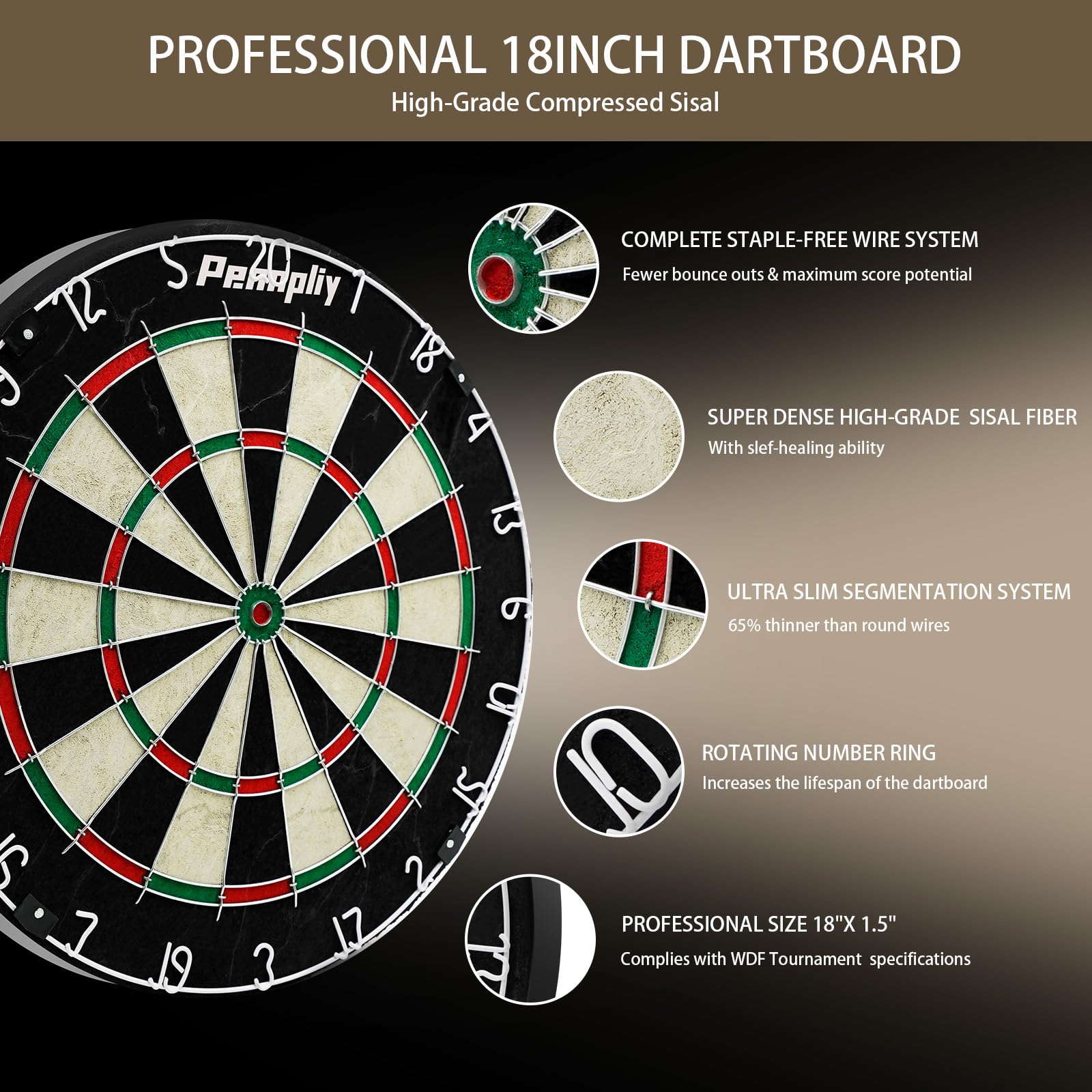 Pennpliy Bristle Dart Board Set For Adults, Professional 18'' Steel Tip Outdoor Dartboard Set, High-Grade Compressed Sisal Metal