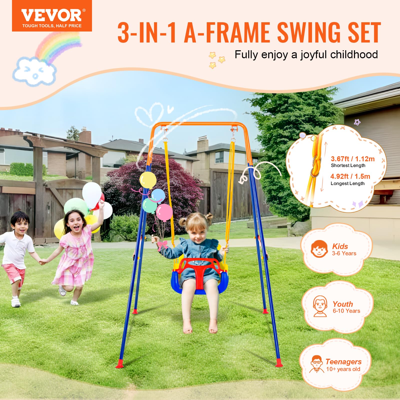 Vevor Swing Sets For Backyard, 3-In-1 Toddler Swing Set With 4 Sandbags, Easy To Assemble, Foldable Metal Stand, Swingset Indoor
