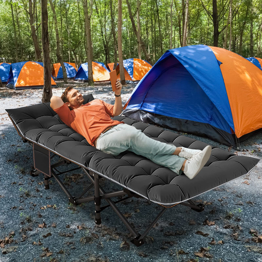 Aboron Folding Camping Cot W/Mat For Adults, Heavy Duty Outdoor Bed With Carry Bag,1200 D Layer Oxford Travel Camp Cots (Black C
