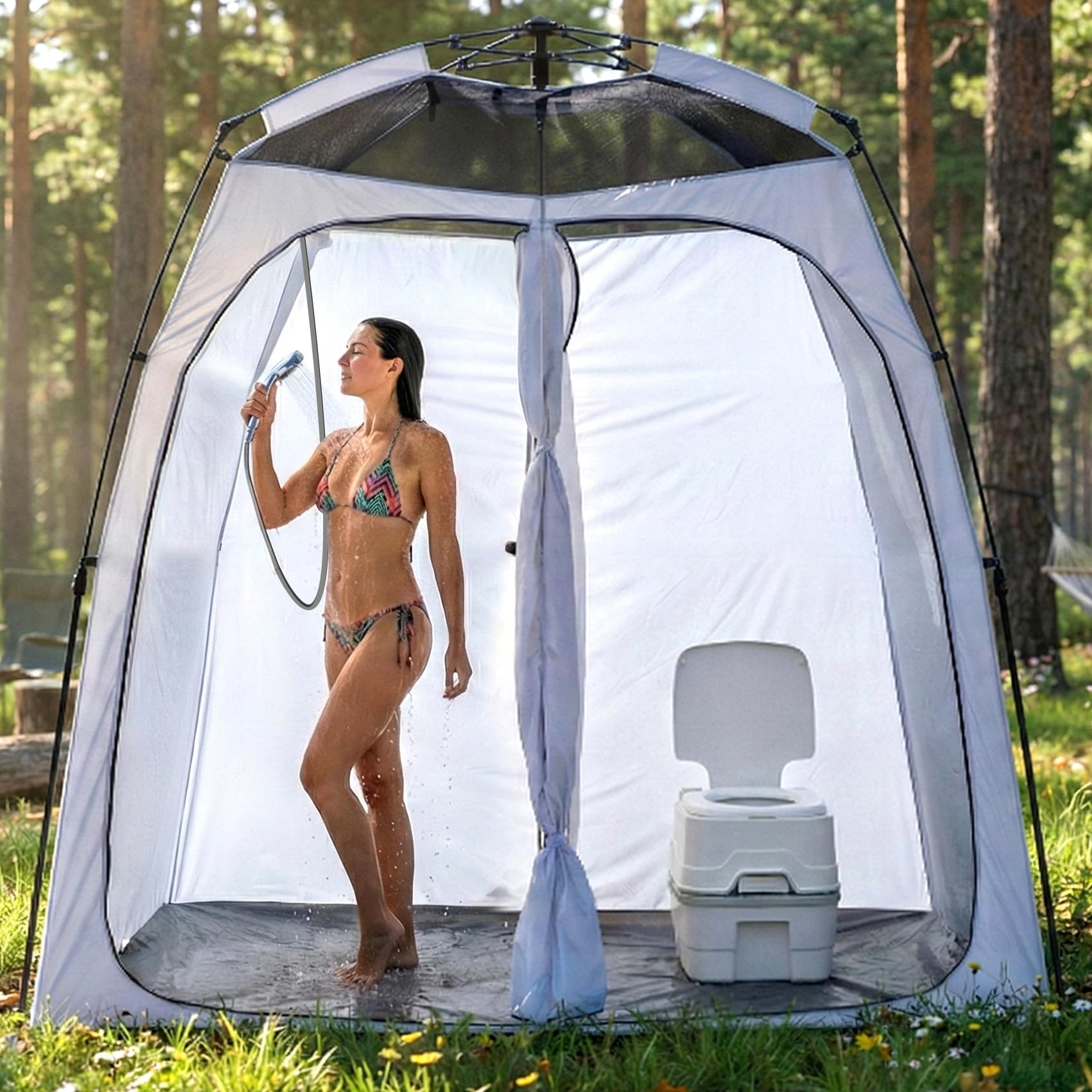 EighteenTek Upgraded Shower Tents with Hub, Pop Up Privacy Tent Camping 2-Room Privacy Shelter with Floor & Dual Doors, Portable