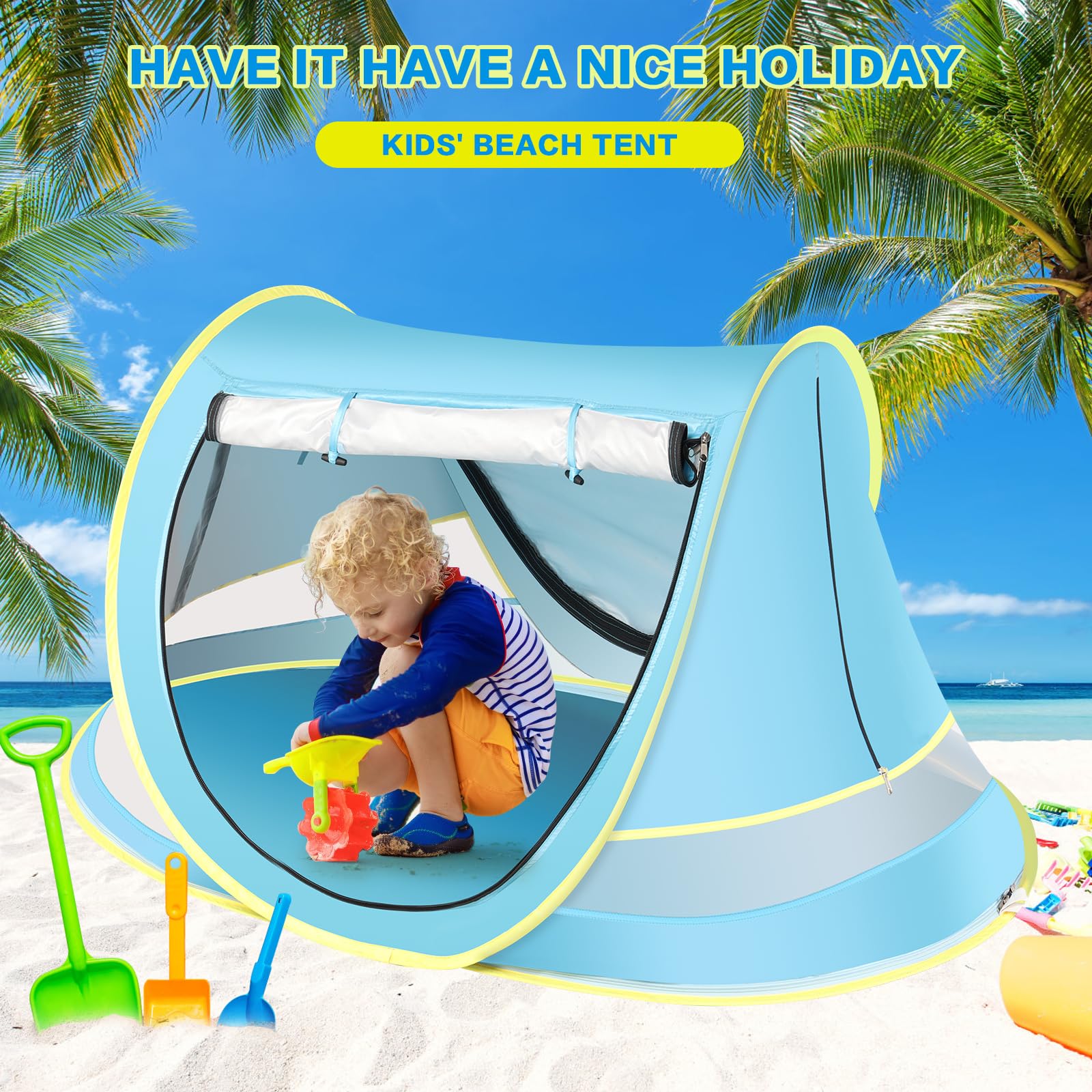 Baby Beach Tent With Baby Hat, Pop Up Toddler Travel Tent With Sun Hat For Boys Or Girls, Sun Shade For Toddler Camping, Infant