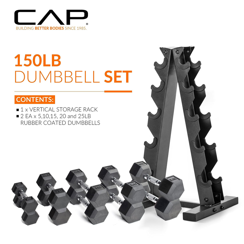 Cap Barbell 150 Lb Coated Hex Dumbbell Weight Set With Vertical Rack, Green, New Edition