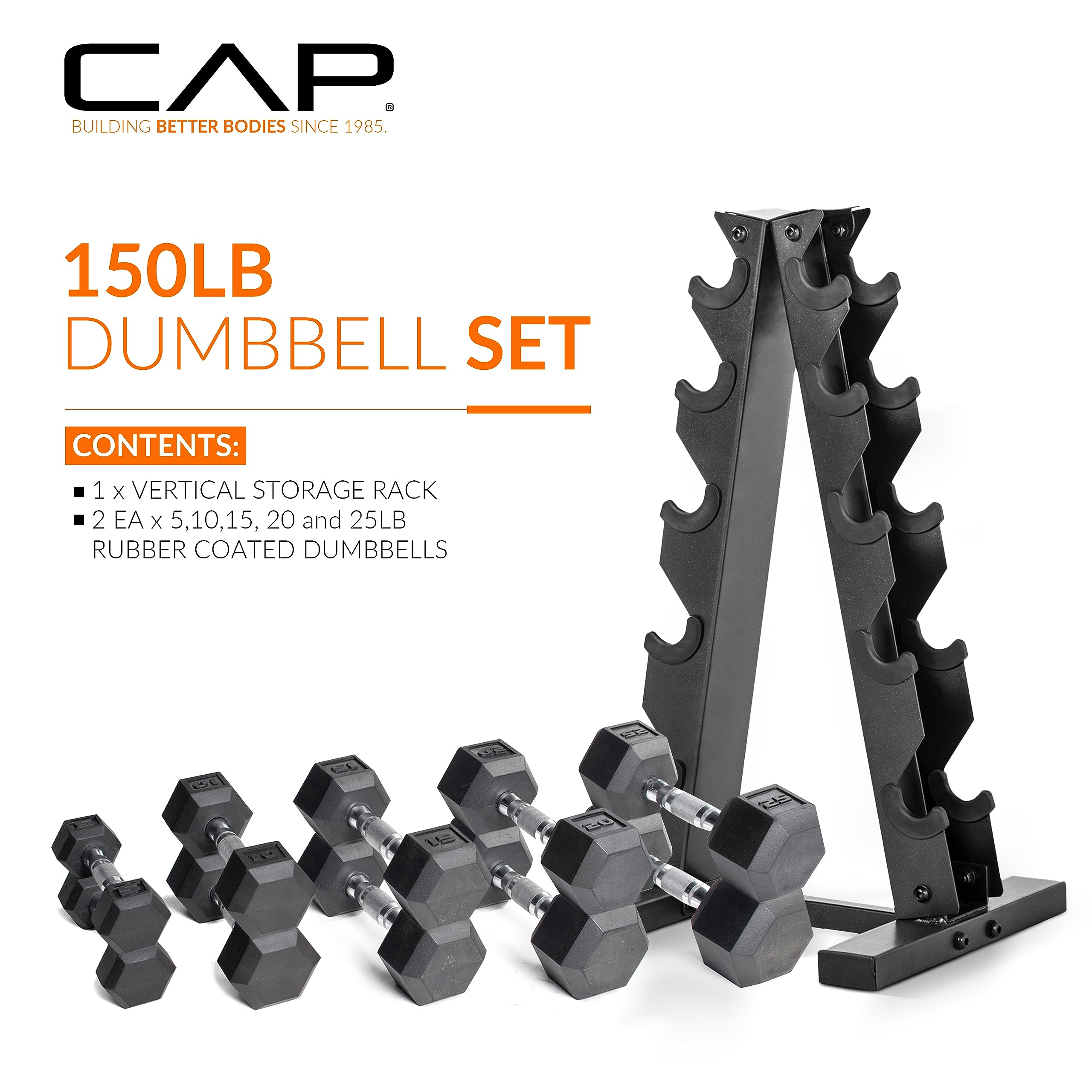 Cap Barbell 150 Lb Coated Hex Dumbbell Weight Set With Vertical Rack, Green, New Edition