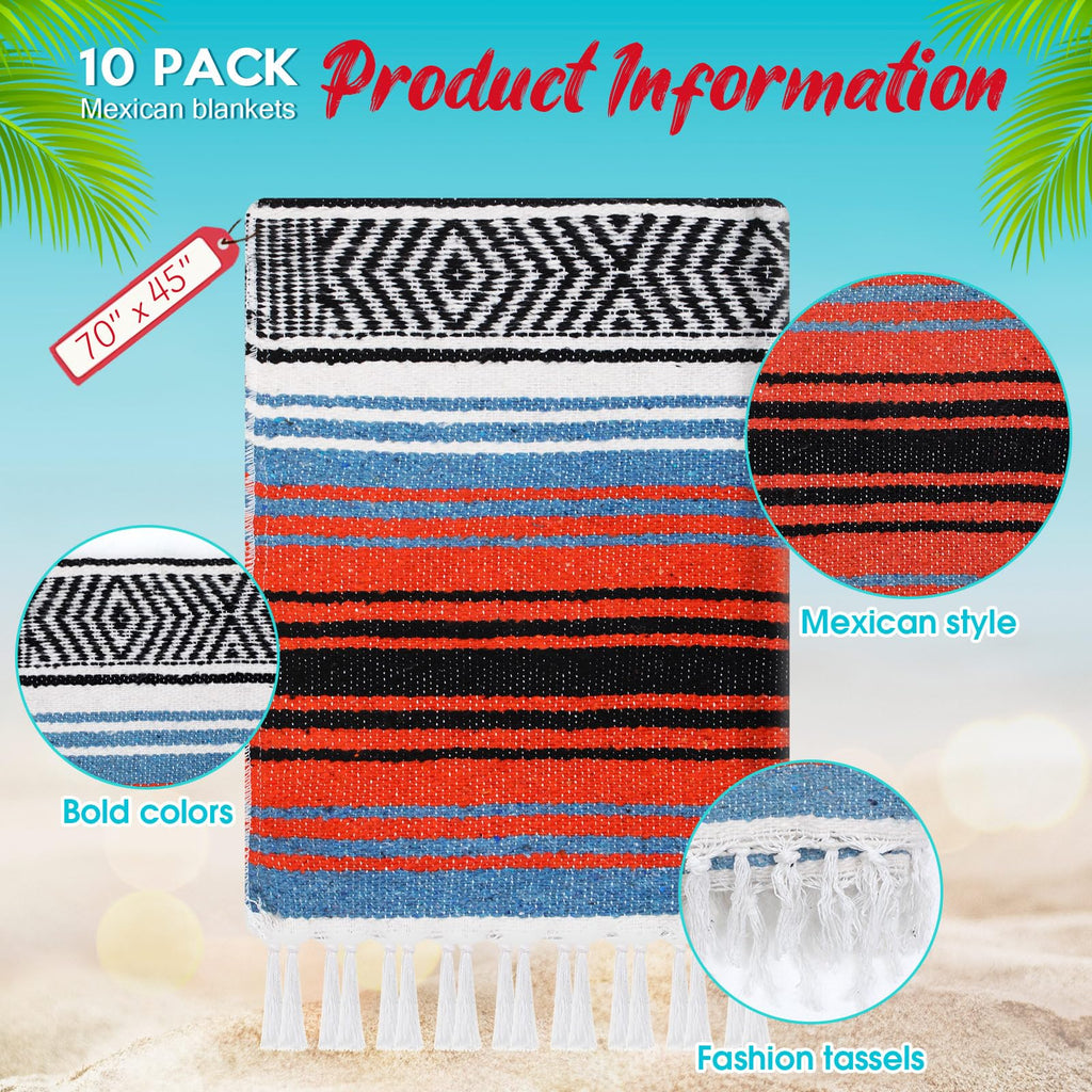 Oudain 10 Pack Mexican Blankets And Throws 45 X 70 Inch, Cotton Outdoor Camping Cozy Baja Blanket Woven Serape Restorative Yoga