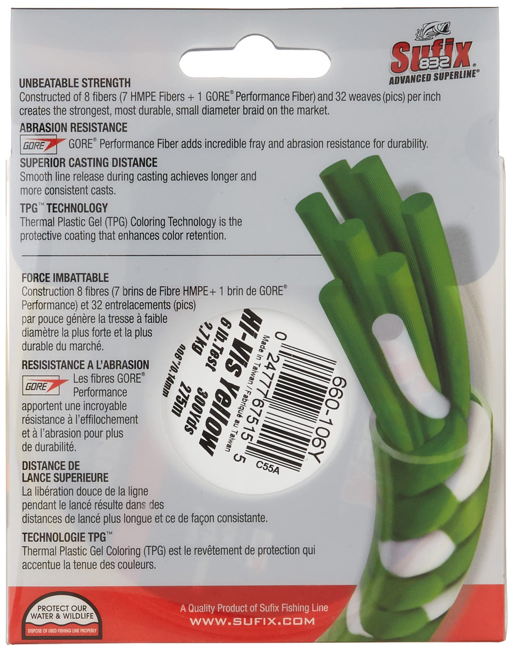 Sufix 832 Advanced Superline Braid, Hi-Vis Yellow, 6-Pound/300-Yard Spool (660-106Y)