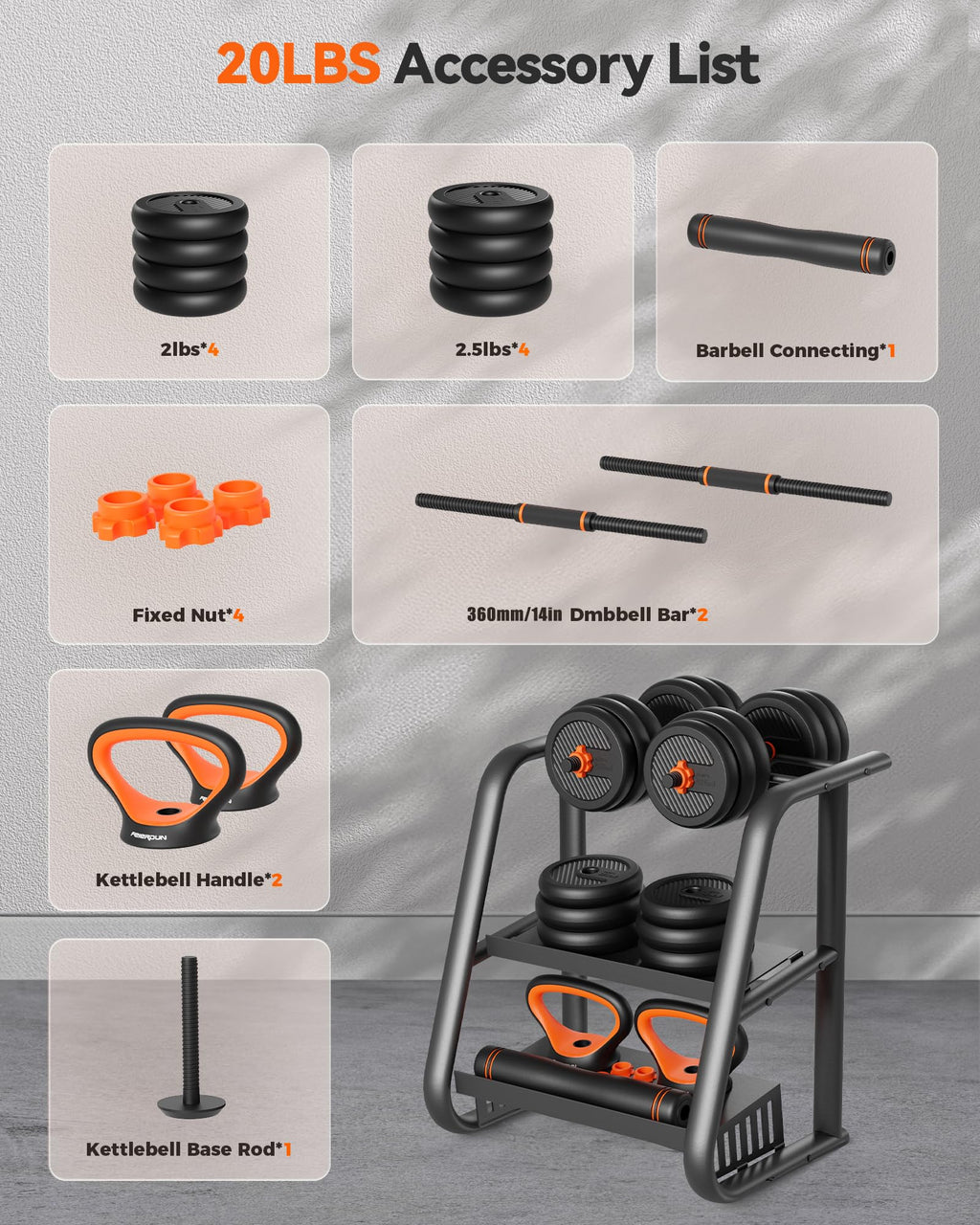 FEIERDUN 4-in-1 Adjustable Dumbbells,48lbs Free Weight Set for Home Gym - Use as Barbell, Kettlebells, Push-Up Stand - Ideal for