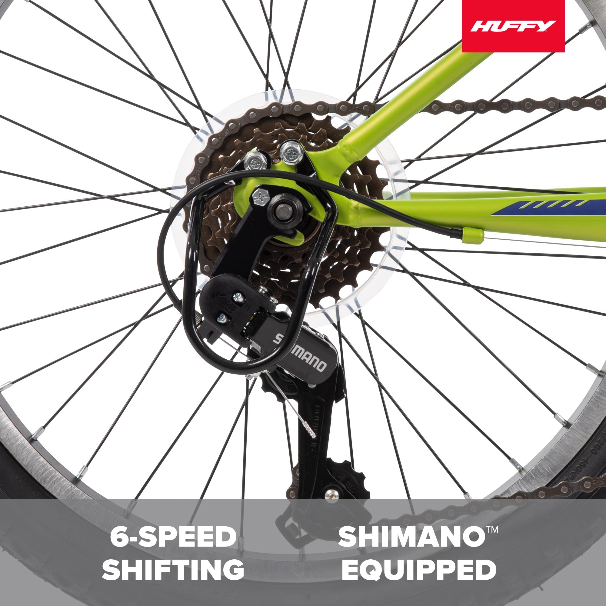 Huffy Stone 20 Inch Mountain Bike, Matte Lime Frame, 6-Speed Shimano Twist Shifting, Front Suspension, Comfort Saddle, 20''/24''