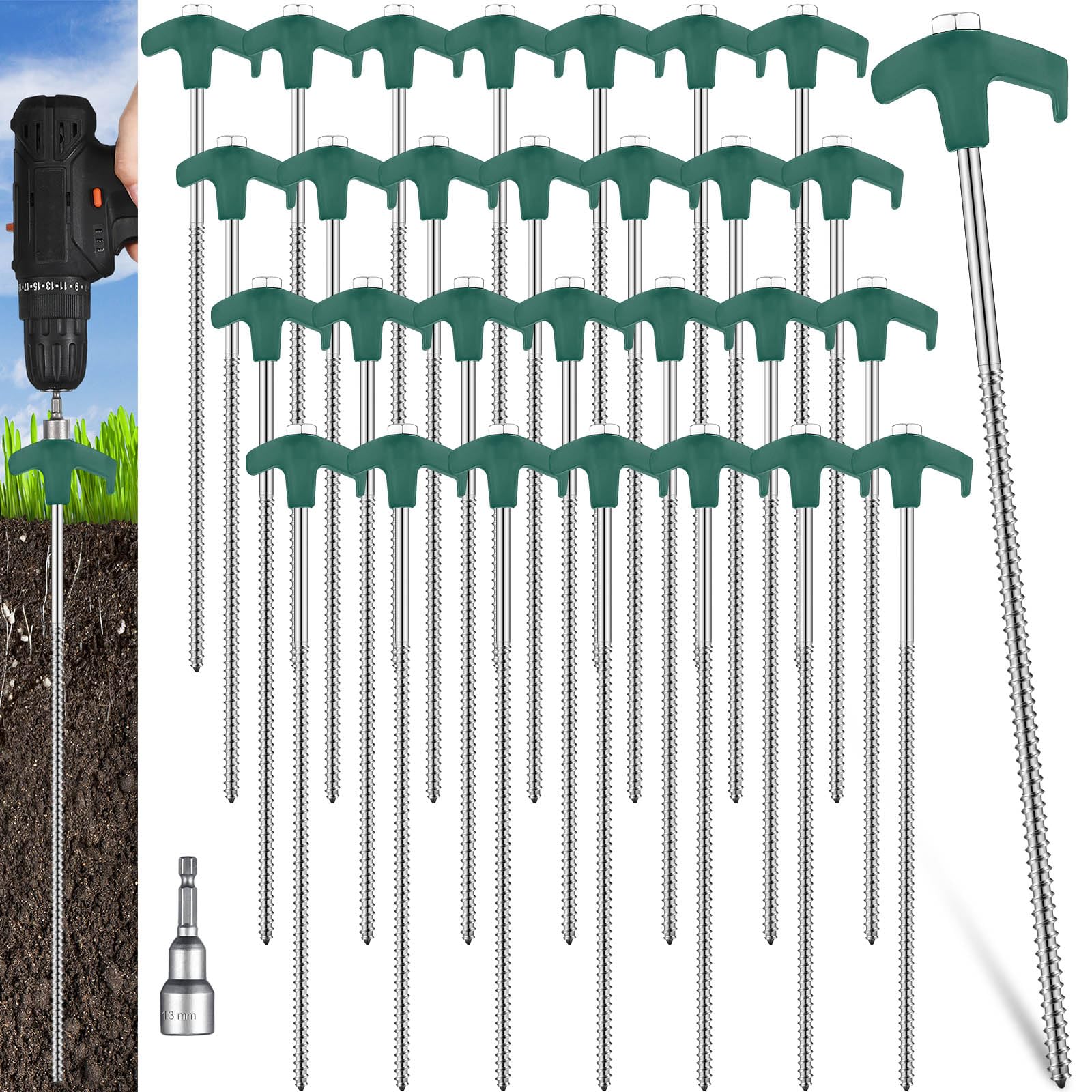 Hicarer 20 Pcs 12 Inch Tent Stakes Screw in Camping Stakes Heavy Duty Metal Spikes Ground Anchor Peg Threaded Tent Spikes with H