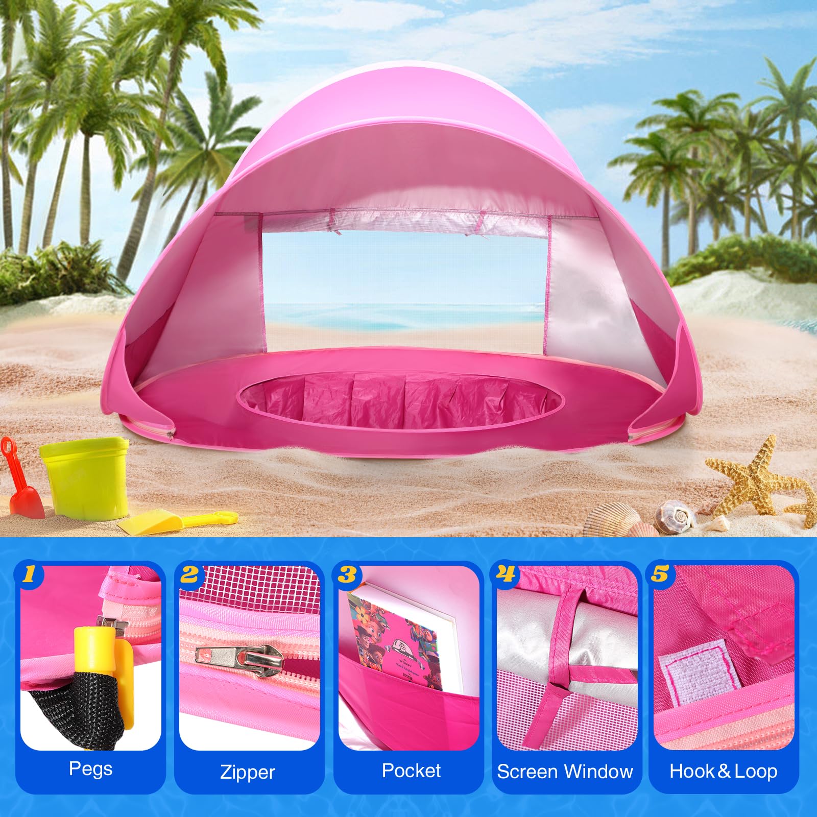 Monobeach Baby Beach Tent Pop Up Portable Shade Pool Upf50+ Uv Protection Sun Shelter For Infant With Easy Set Up Canopy (Pink B