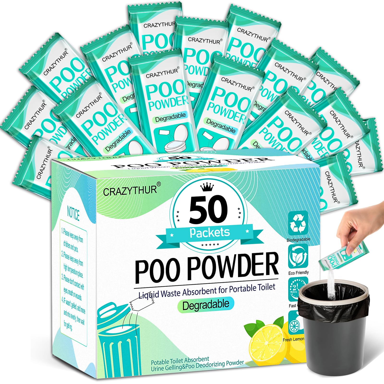 Crazythur Portable Toilet Gel, 50 Packets Camp Toilet Portable Gel, Poo Powder With Lemon Scent, Eco Gel For Portable Toilet Pow