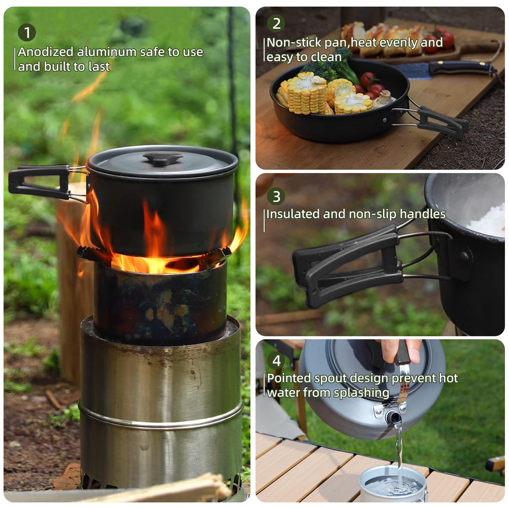Aigear 3Pcs Camping Cookware Mess Kit, Non-Stick Camping Pan Pot Kettle, Lightweight Aluminum, Collapsible Portable Camping Cook