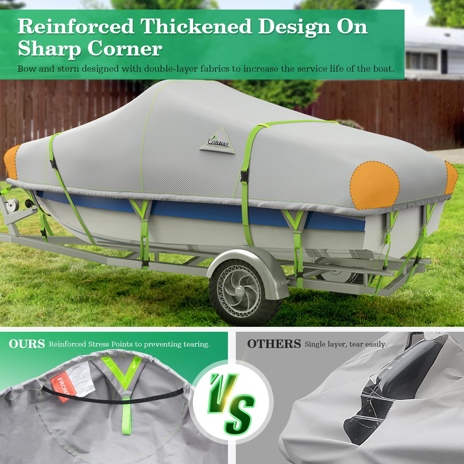 Uirway 1200D Waterproof 14-15.8Ft Boat Winter Cover, Heavy Duty Uv Resistant Thickened Fabric V Hull Bass Boat Cover With Reflec