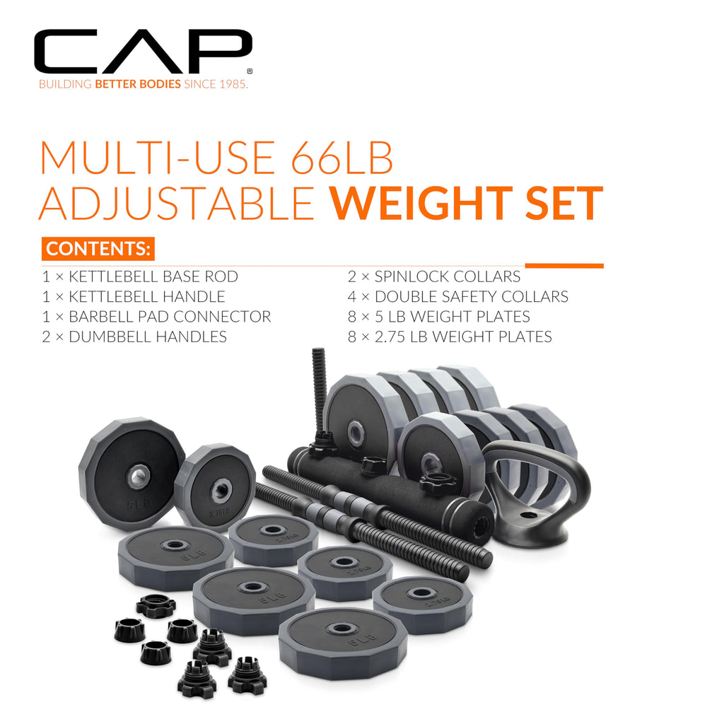 Cap Barbell 66 Lb Multi-Use Adjustable Weight Set - Versatile Dumbbell, Barbell & Kettlebell For Full-Body Workouts | Gray