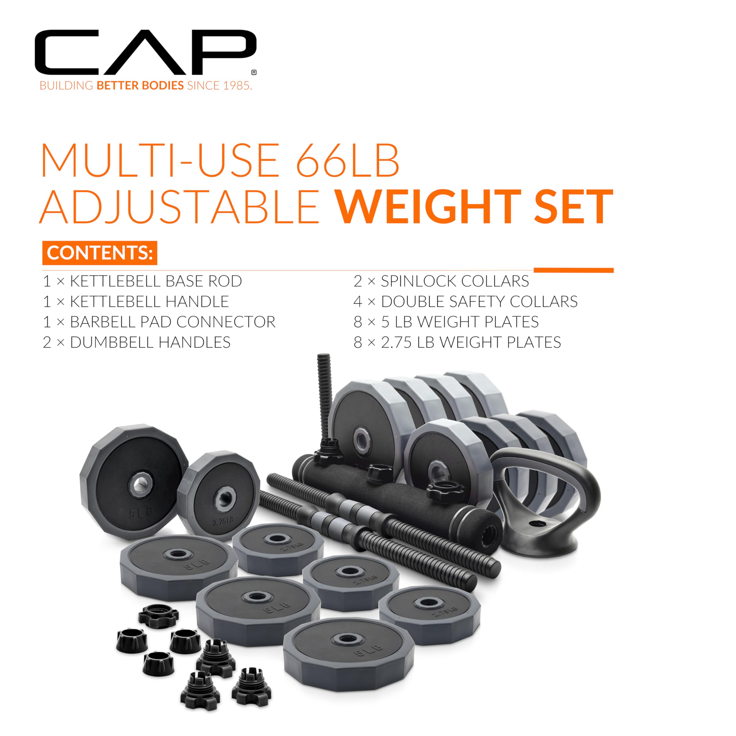 Cap Barbell 66 Lb Multi-Use Adjustable Weight Set - Versatile Dumbbell, Barbell & Kettlebell For Full-Body Workouts | Gray