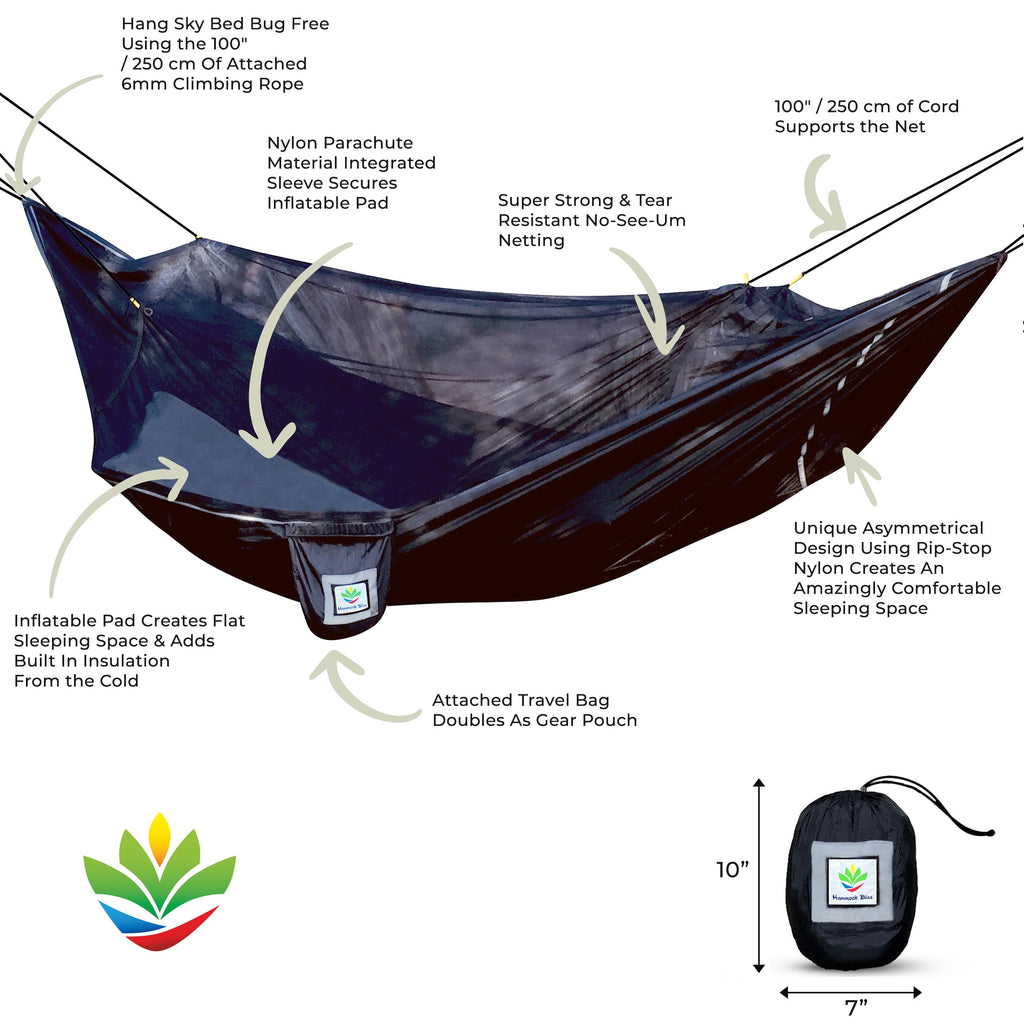 Hammock Tent With Bug Net - Insect Free Hammock Tent, Asymmetrical Design & Integrated Inflatable Pad Sleeve For A Lay Flat & In