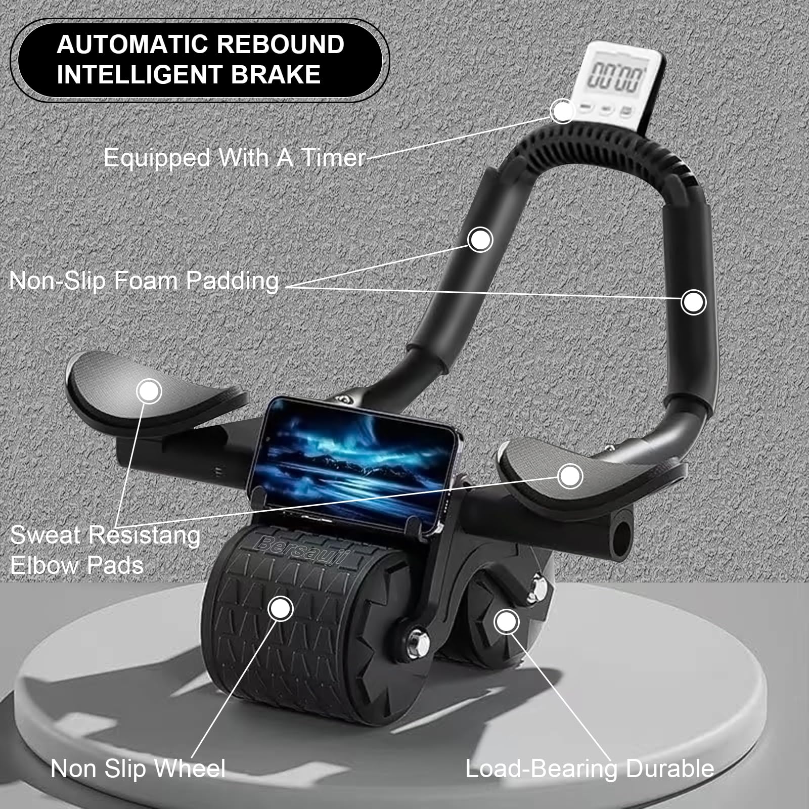 Bersauji 2025 New Ab Roller Wheel with Knee Mat &Timer, Automatic Rebound Abdominal Wheel, Ab Abdominal Exercise Roller with Elb