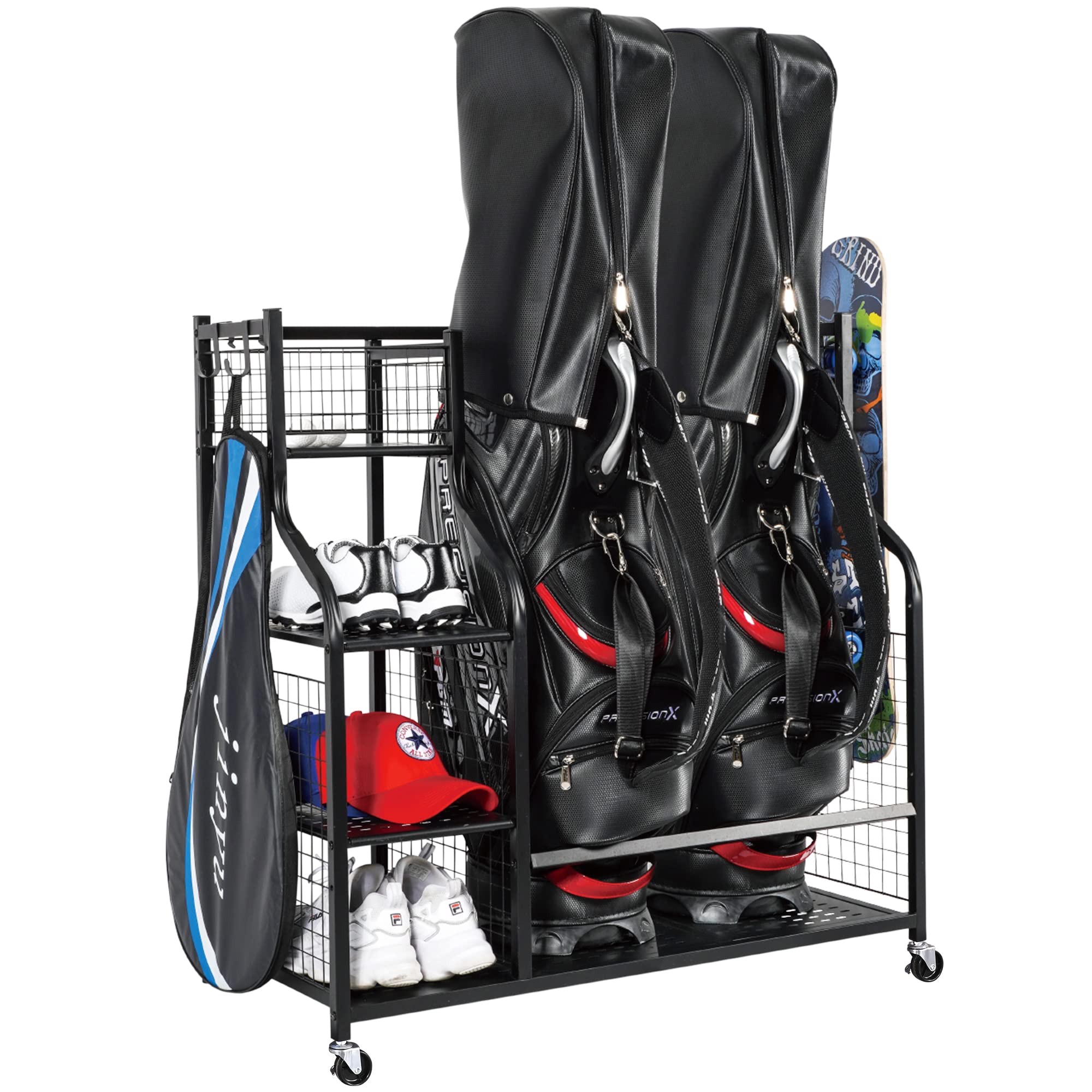 Plkow Golf Bag Storage Garage Organizer Fits For 2 Golf Bags And Golf Accessories, Extra Large Size Golf Bag Storage Stand And G