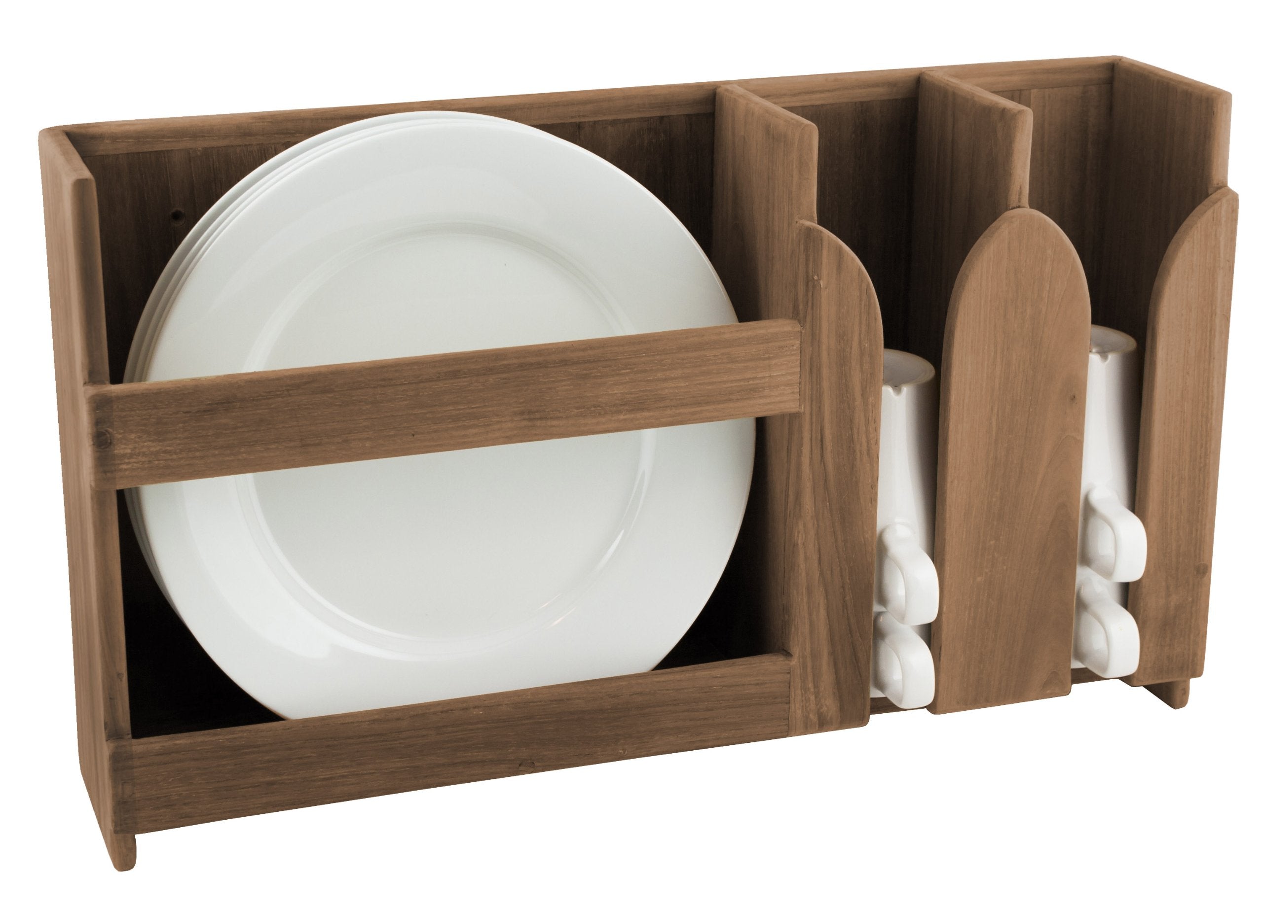 Seateak Wooden Dishes & Cup Holder, 19.3/4'' L X 11-1/2''H X 4-1/4''W, 100% Solid Teak Wood, Secure, Wall Mountable, Perfect For