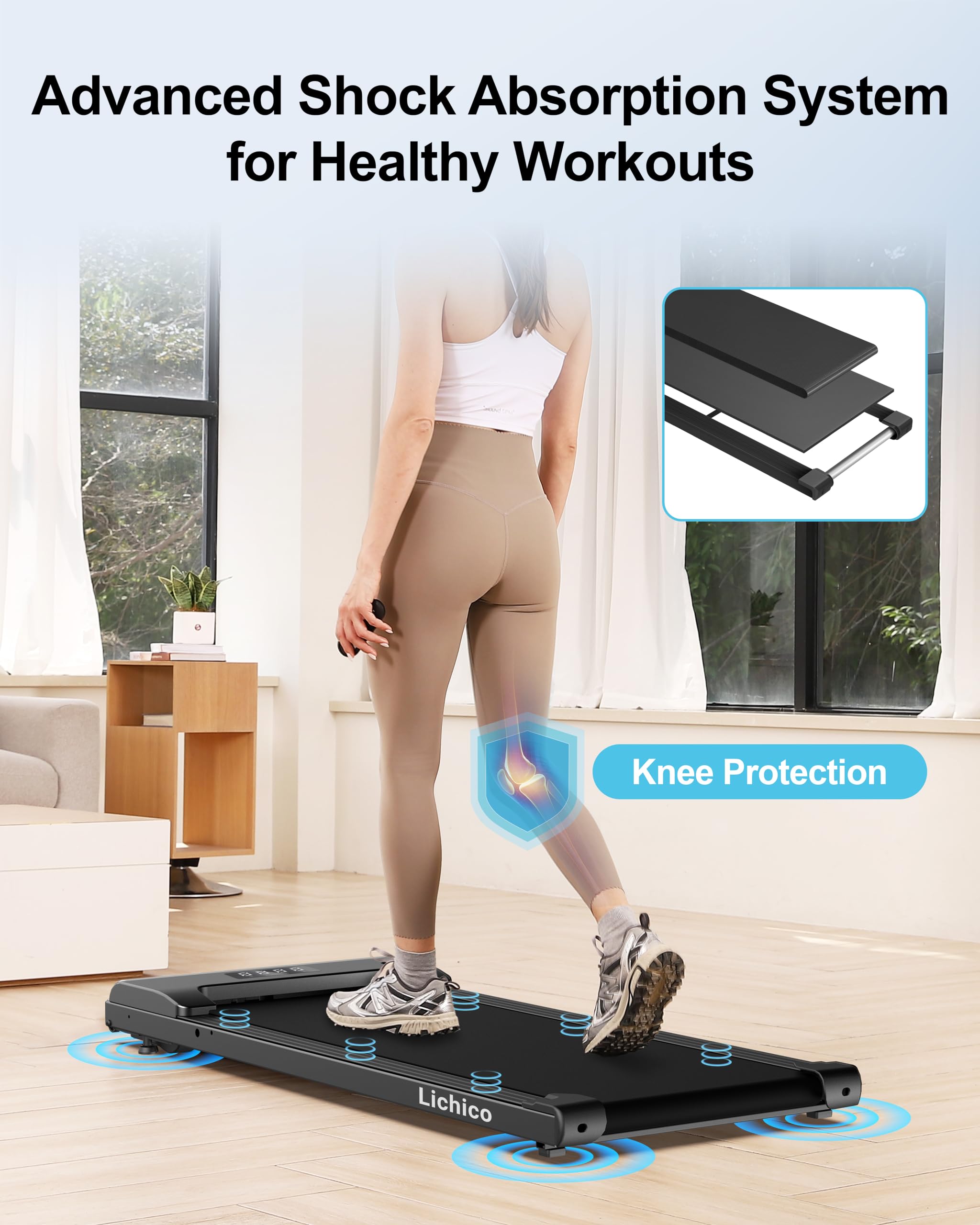 Lichico Walking Pad Under Desk Treadmill, Portable Small Treadmills For Home And Office, 2.5Hp Super Quiet Brushless Motorized W
