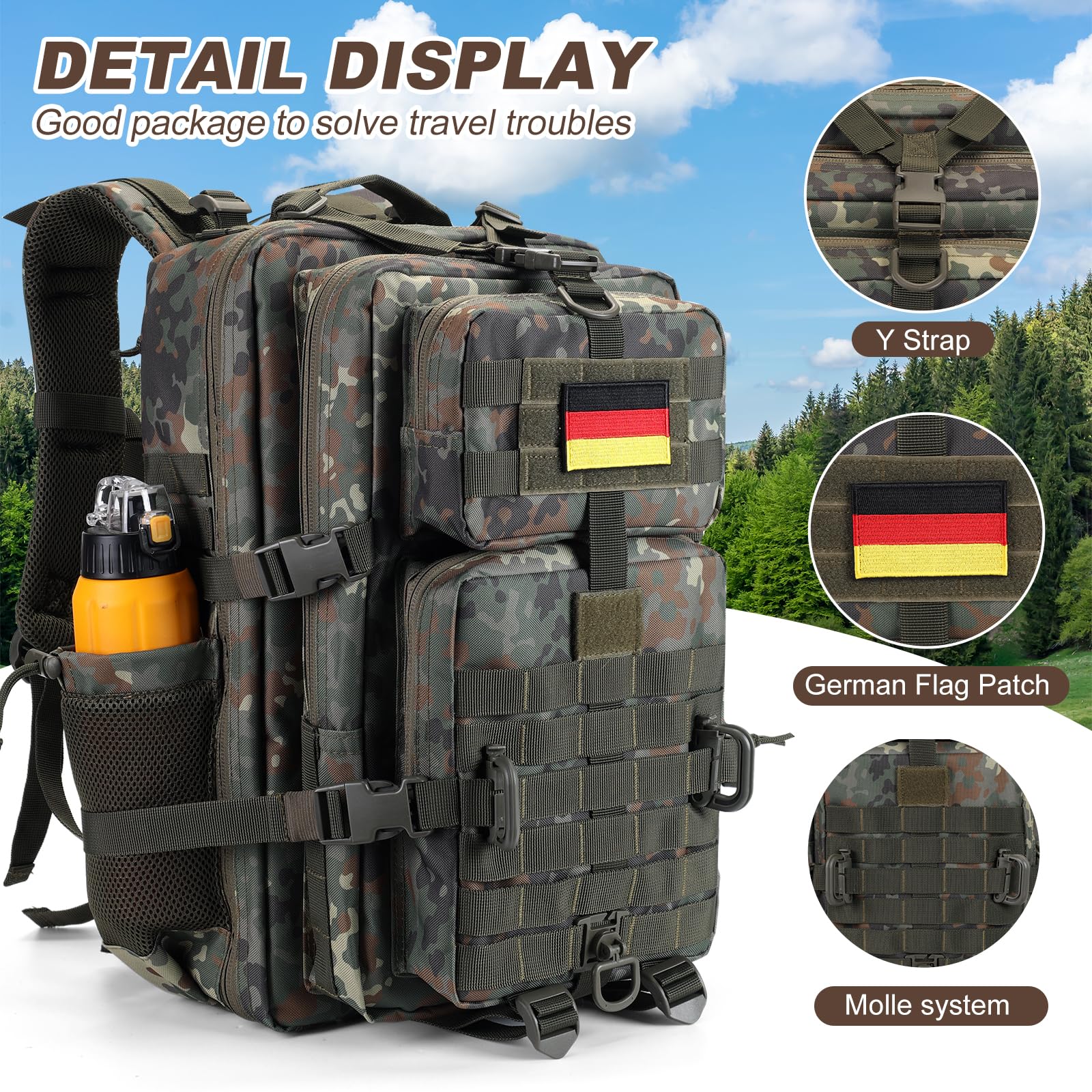 Hannibal Tactical 45L Molle Assault Pack, Tactical Backpack Army Military Camping Rucksack With Bottle Holder, 3-Day Pack Travel