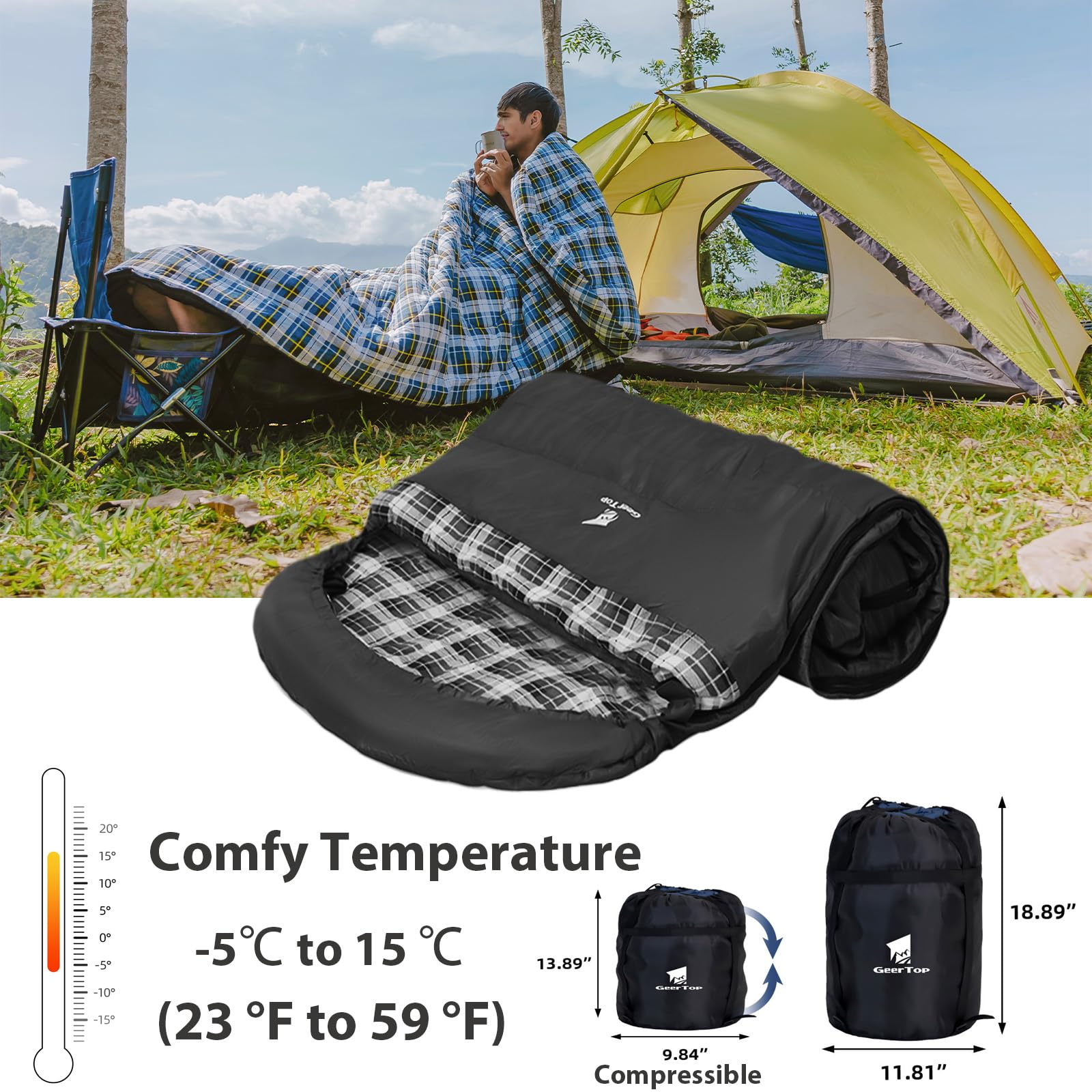 Geertop Portable Sleeping Bag For Camping Lightweight 3 Season Warm & Cold Weather Big & Tall Camp Sleeping Bags For Adults Outd