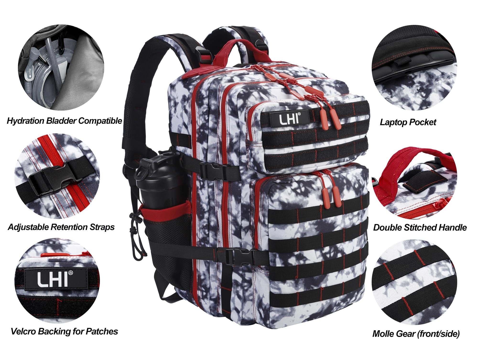 LHI Military Tactical Backpack for Men and Women 45L Army 3 Days Assault Pack Bag Large Rucksack with Molle System Black and whi