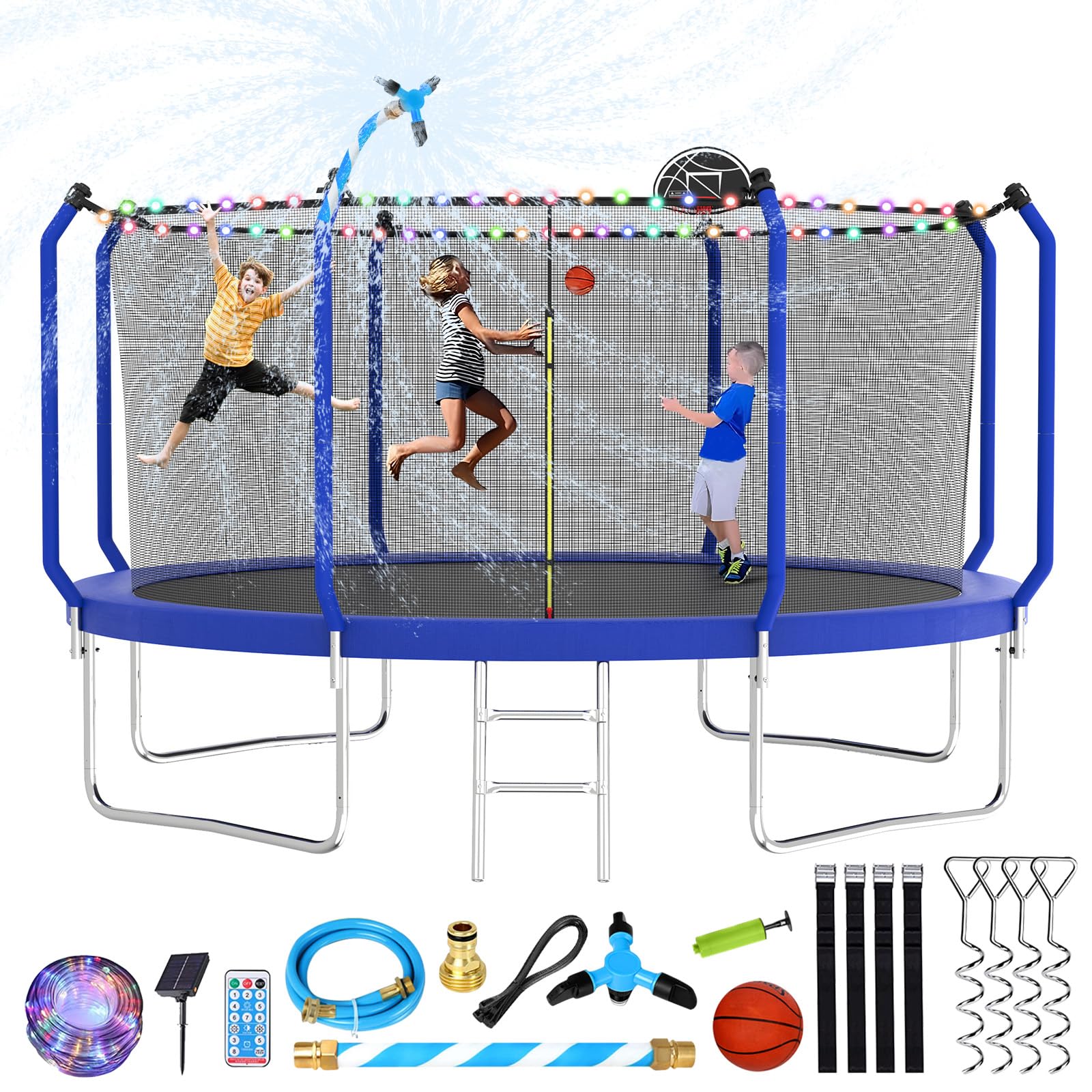 Lyromix Upgraded 14FT Trampoline for Kids and Adults, Large Outdoor Trampoline with Basketball,Stakes, Light, Sprinkler,Basketba