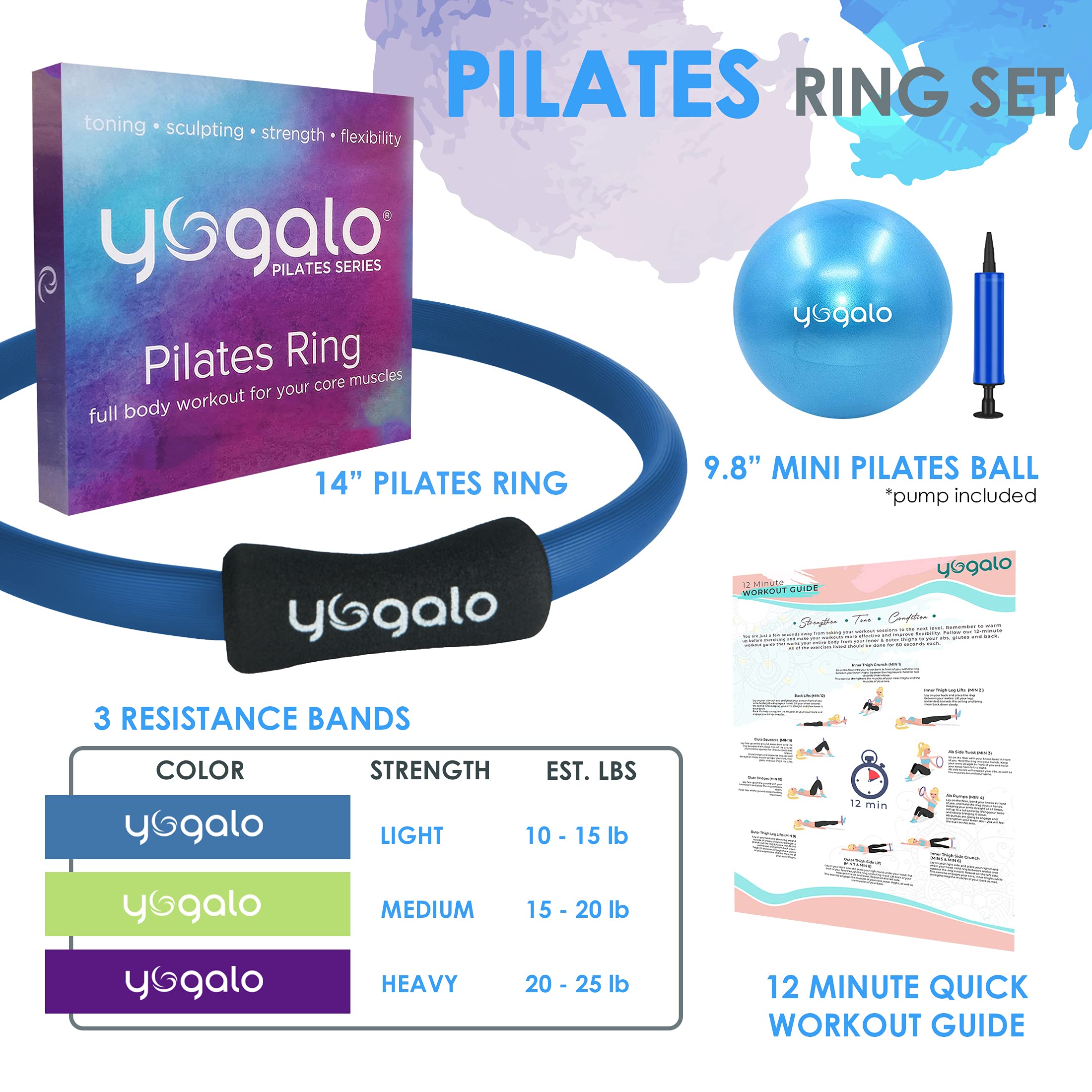 Pilates Ring And Ball Set With 3 Resistance Bands - Pilates Equipment For Home Workout - Magic Circle Pilates Ring 14 Inch To To