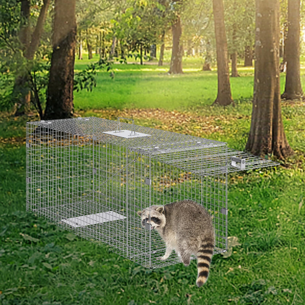 Vevor Live Animal Cage Trap, 50'' X 20'' X 26'' Humane Cat Trap Galvanized Iron, Folding Animal Trap With Handle For Stray Dogs,