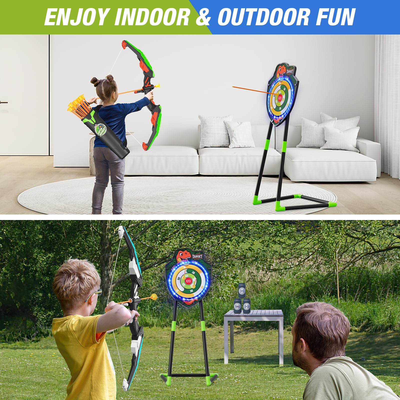 HYES 2 Pack Kids Bow and Arrow, LED Light Up Archery Set with 24 Suction Cup Arrows, Indoor Outdoor Sport Dinosaur Toys Gifts fo