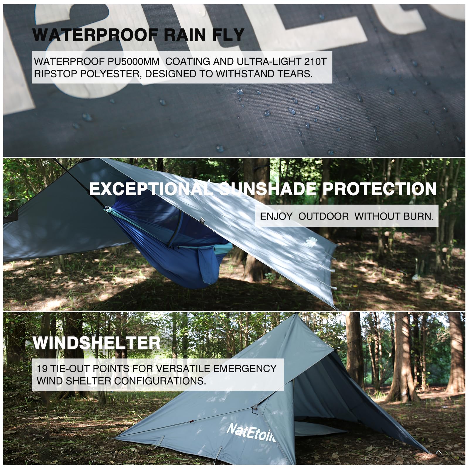 Natetoile Waterproof Camping Tarp - Pu5000Mm Coating Rain Fly For Hammock Cover, Tarp Tent, Versatile With 19 Tie-Outs - Portabl