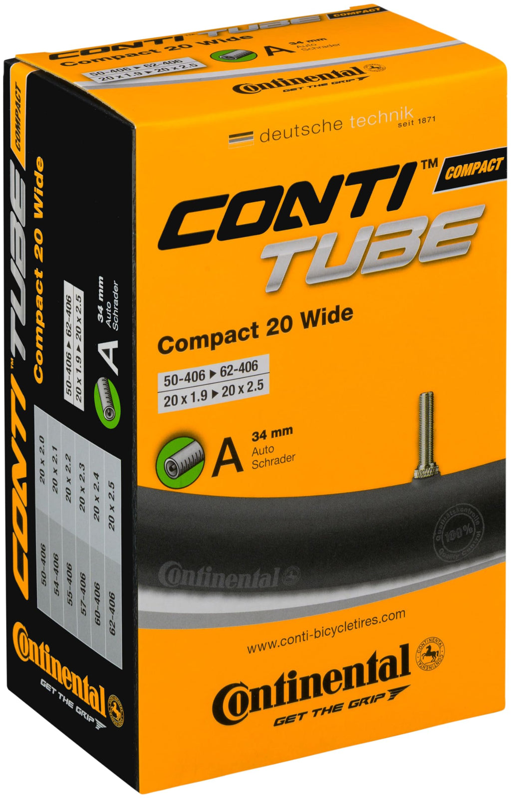 Continental 20'' Bicycle Tube, Wide 1.9''/2.5'' 34Mm Schrader Valve