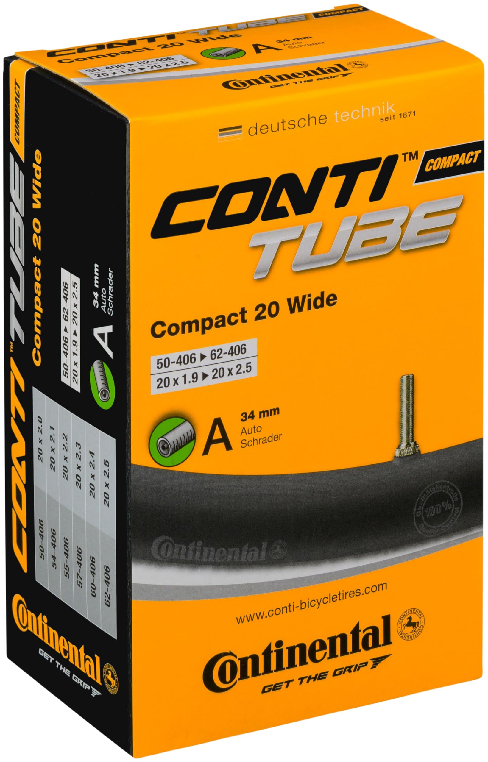 Continental 20'' Bicycle Tube, Wide 1.9''/2.5'' 34Mm Schrader Valve