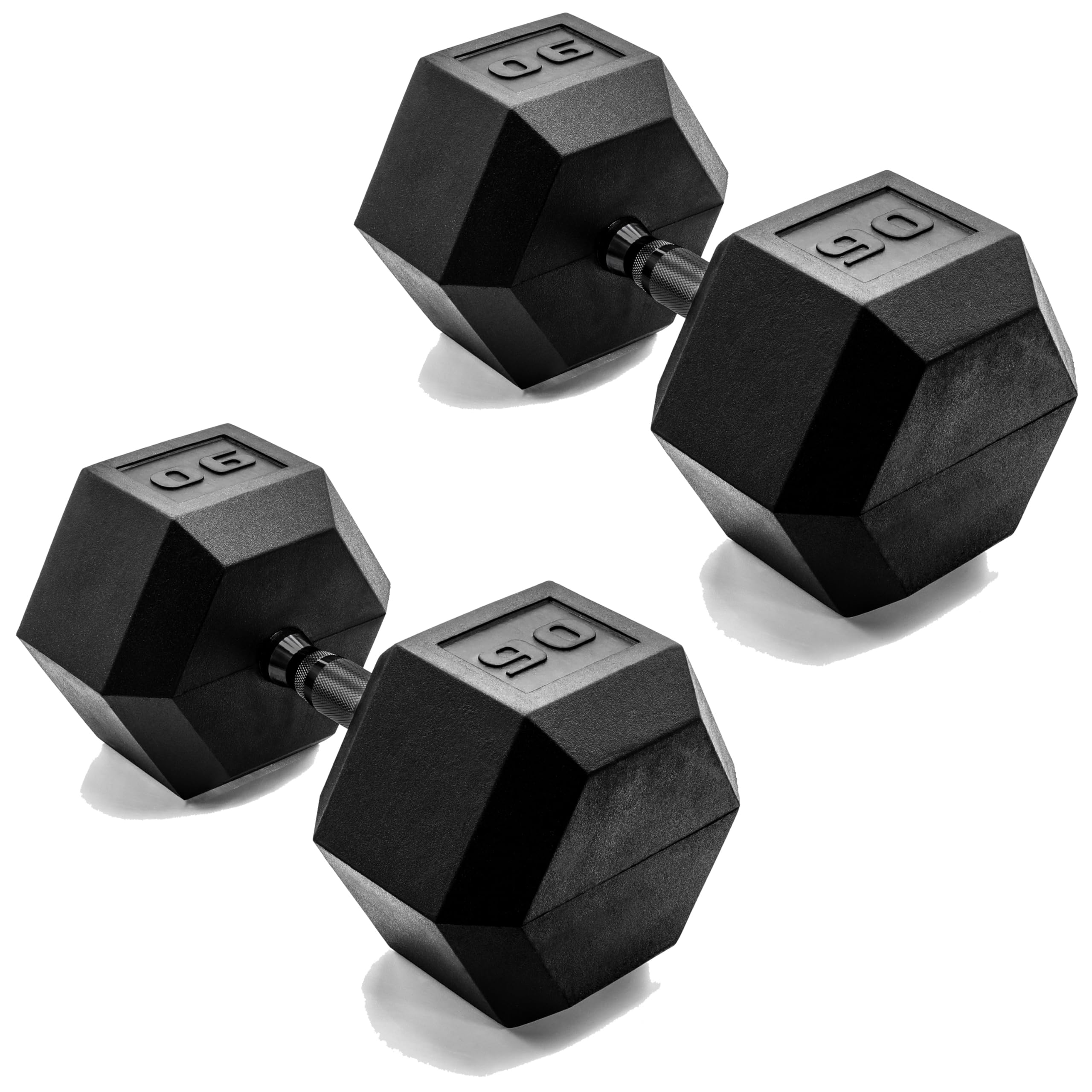 CAP Barbell 90 LB Rubber Coated Hex Dumbbell Hand Weight - Pair | Black Handle