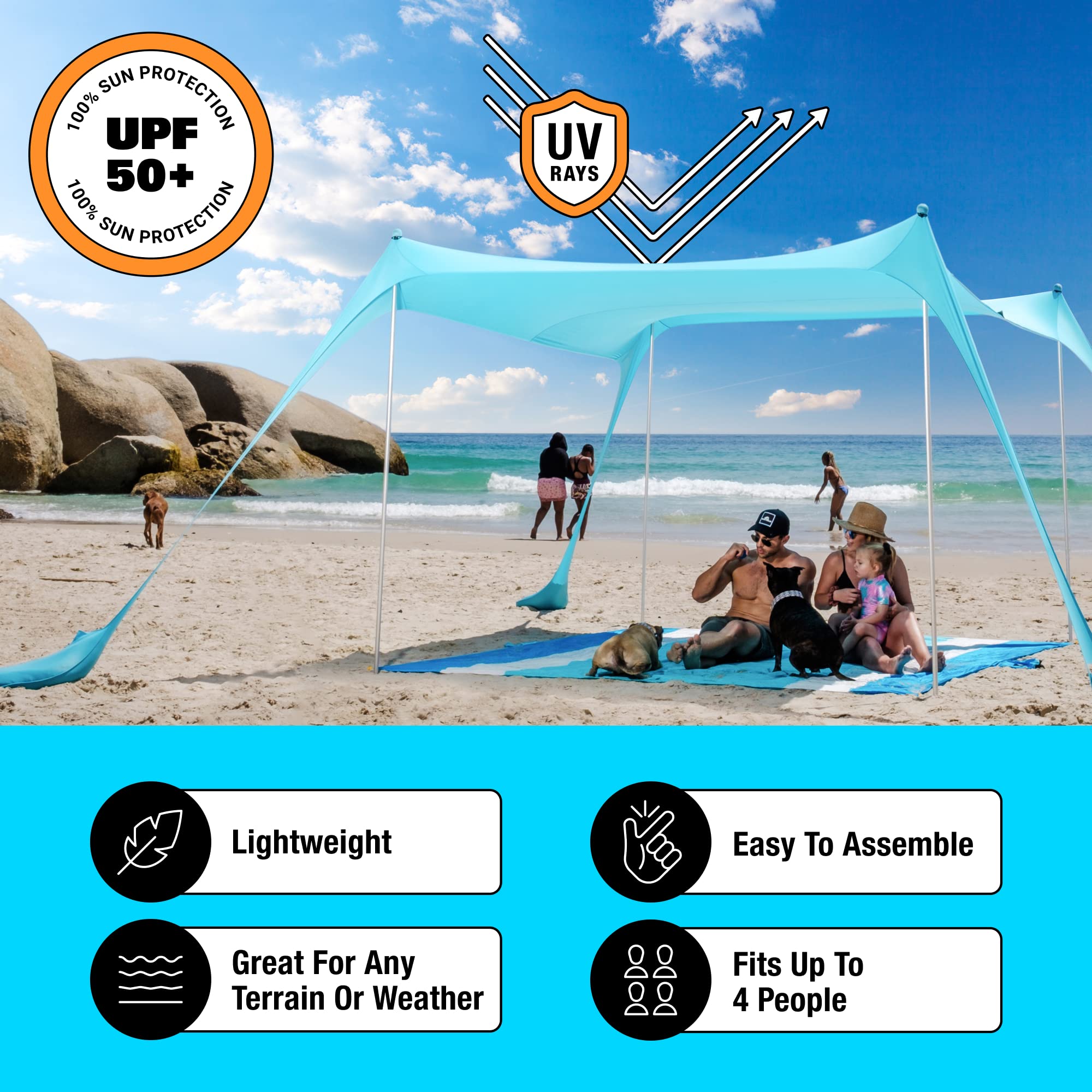 Sun Ninja Beach Tent Sun Shelter Upf50+ - Easy Pop Up Beach Canopy - Outdoor Shade For Camping Trips, Fishing, Backyard Fun Picn