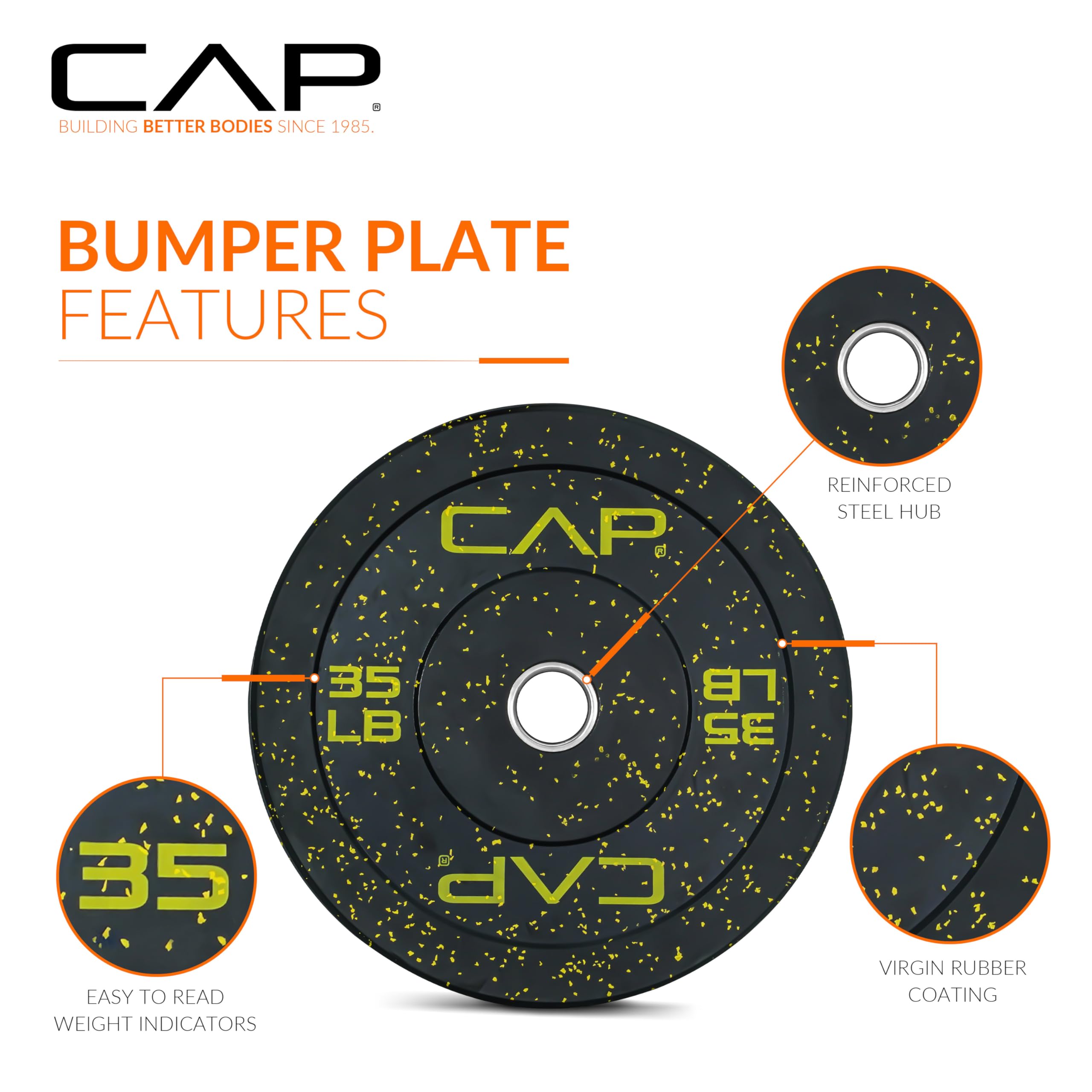 Cap Barbell Economy - Speckled Olympic Bumper Plate With Yellow Logo, Black, 35 Lb Single