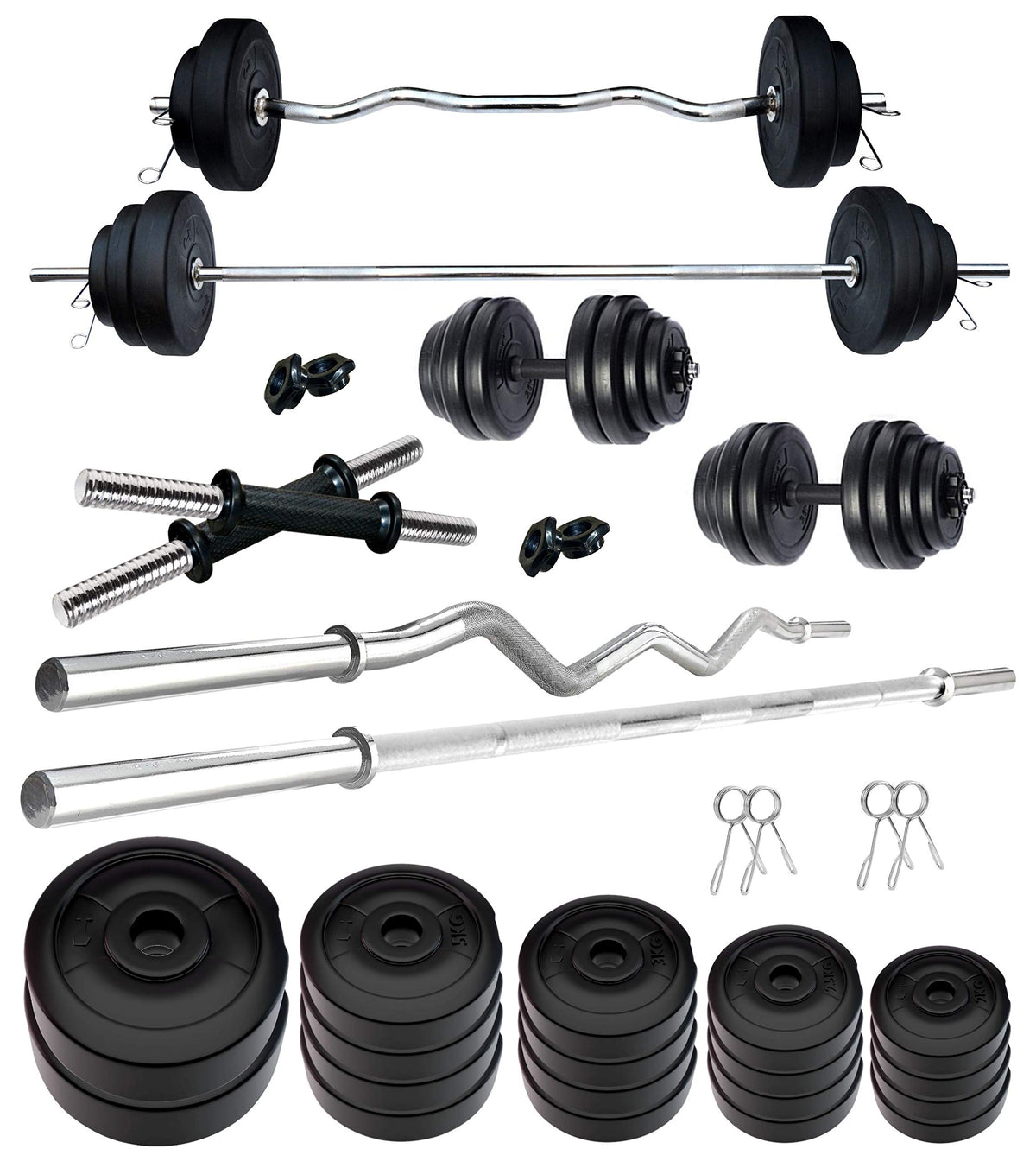 Kore Pvc 70 Kg Home Gym Set With One 5 Ft Plain + One 3 Ft Curl Rod And One Pair Dumbbell Rods, Multicolour