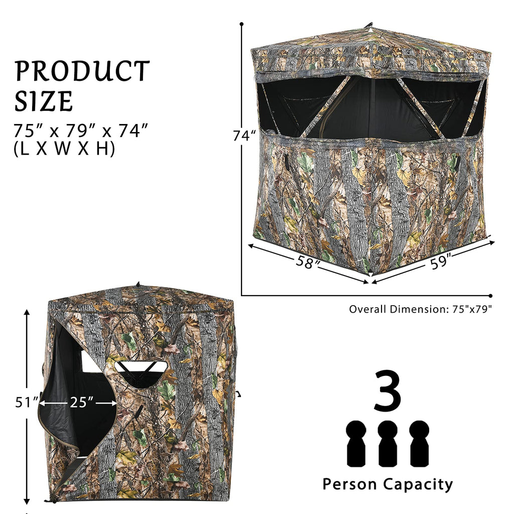Tangkula 3 Person Pop Up Ground Blind, Portable Hunting Blind With Mesh Windows, Carrying Bag & Ground Stakes, Camouflage Huntin