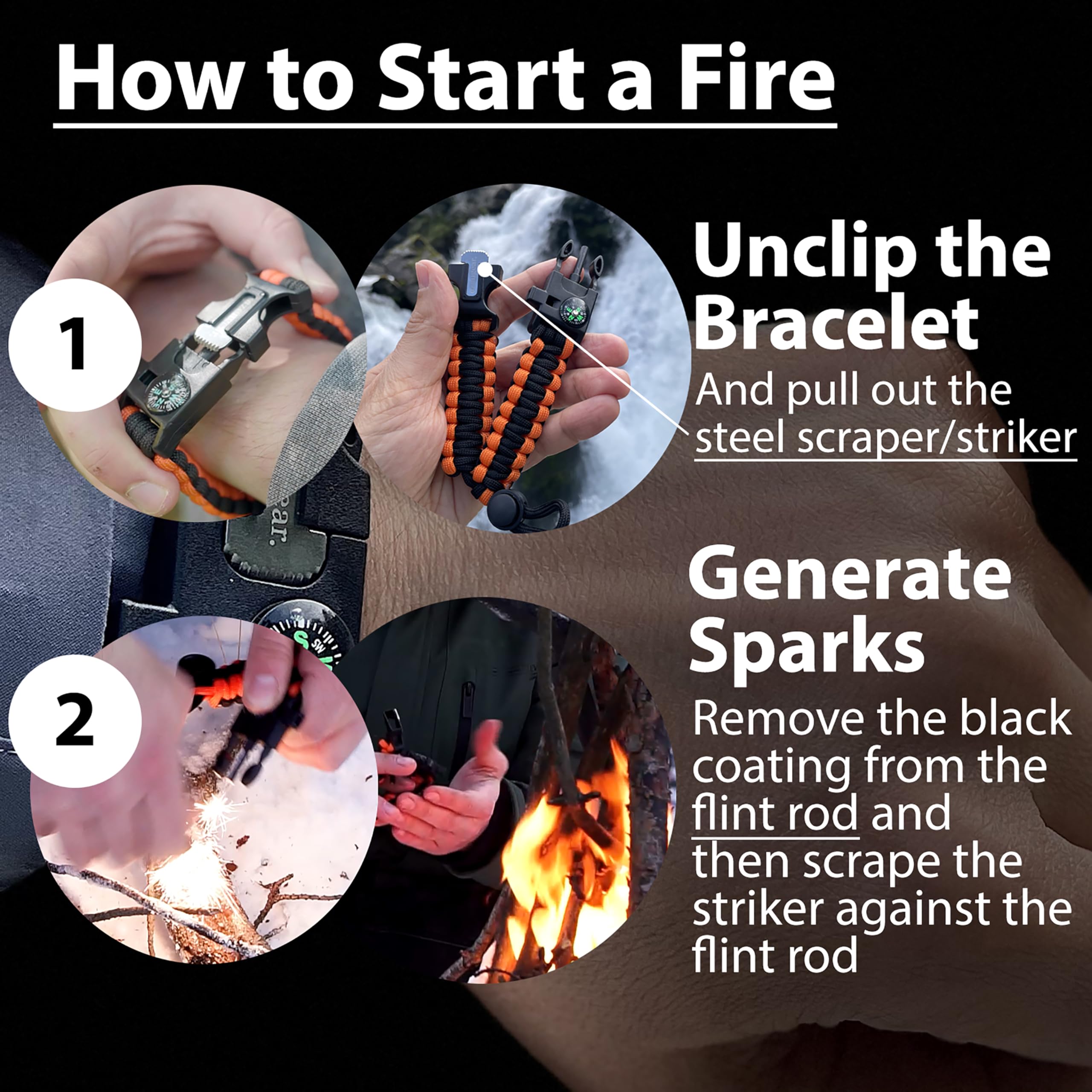 Paracord Survival Bracelets (Pair)  Flint & Steel Fire Starter, Whistle, Compass, Mini Saw  Adjustable Band Size For Camping, Bu