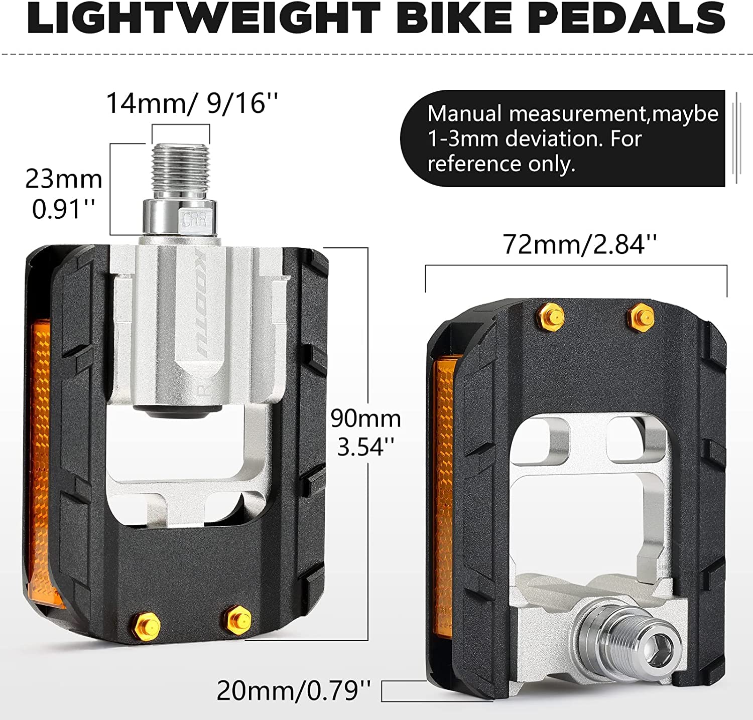 Kootu Bike Pedals With Reflective Strips, Universal 9/16 Inch Mountain Bike Pedals, Sealed Bearing Lightweight Platform, Non-Sli
