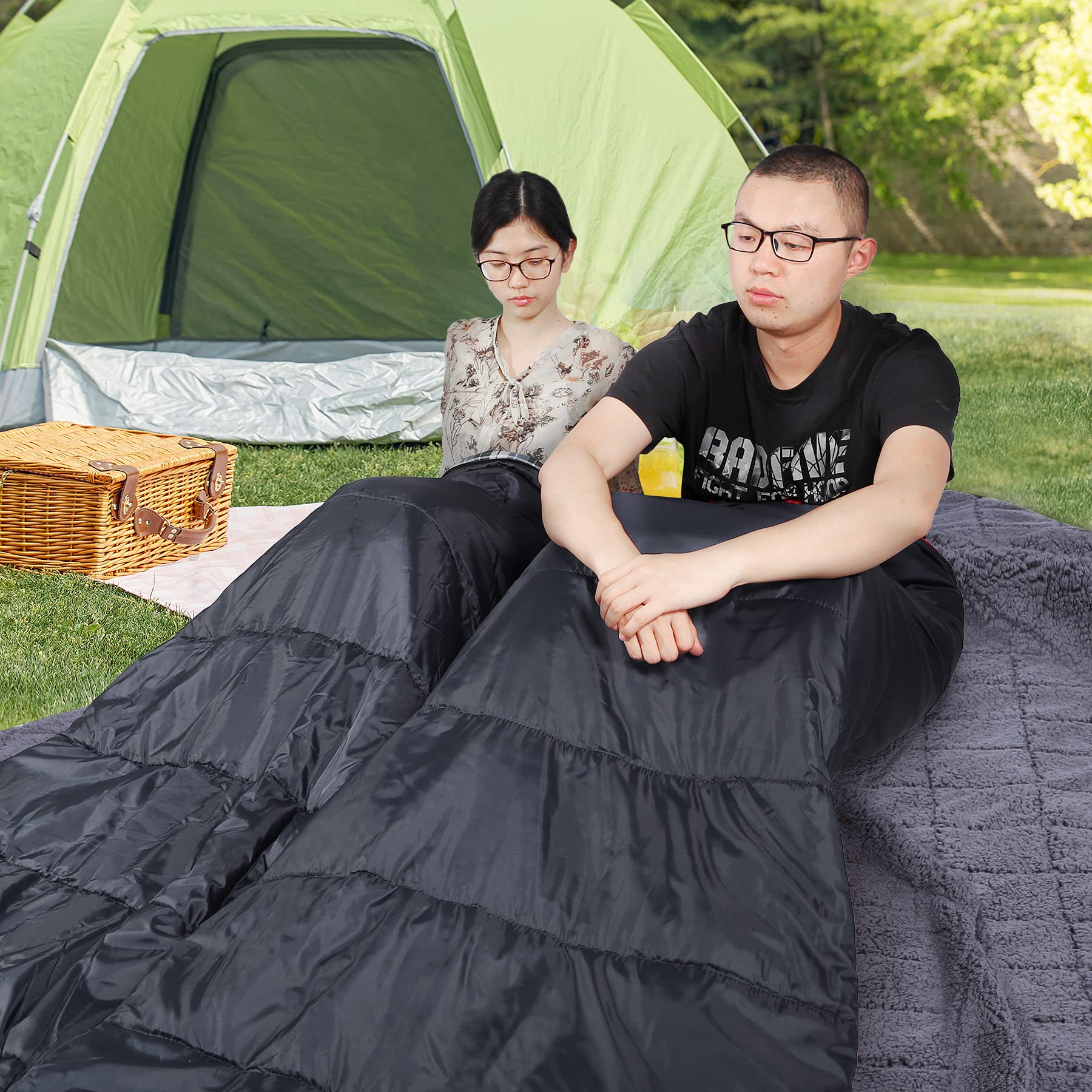 Redcamp Large Cotton Double Sleeping Bag For Adults, 2 Person Cold Weather Warm Queen Size Flannel Sleeping Bags For Camping, Bl
