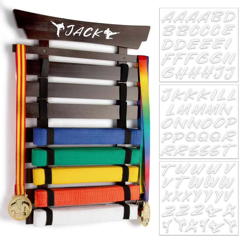 Winartton 8 Belts Karate Belt Display Rack With Stickers, Martial Arts Belt Display Holder, Taekwondo Belt Jiu Jitsu Belt Bjj Be