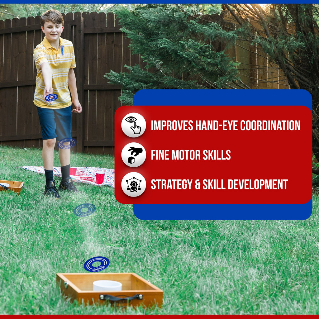 Washer Toss Game Outdoor Games Giant Yard & Lawn Games | Set of 2 Solid Wood Targets and 2.5-inch Washers Toss Rings| Bulls-Eye Pitching Board|