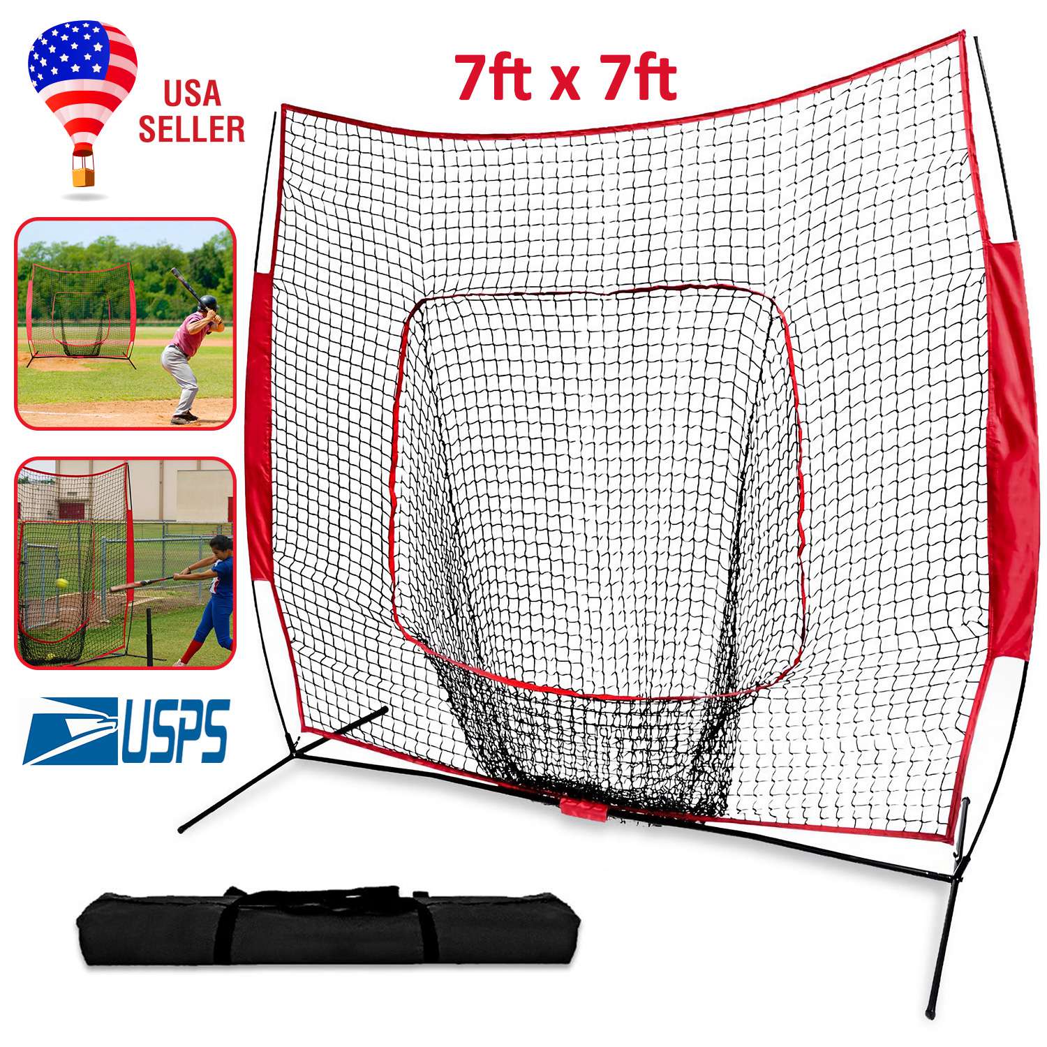 7x7ft Baseball Softball Teeball Practice Net Batting Hitting Pitching Training Net w/ Bow Frame Carrying Bag for Solo Team Train