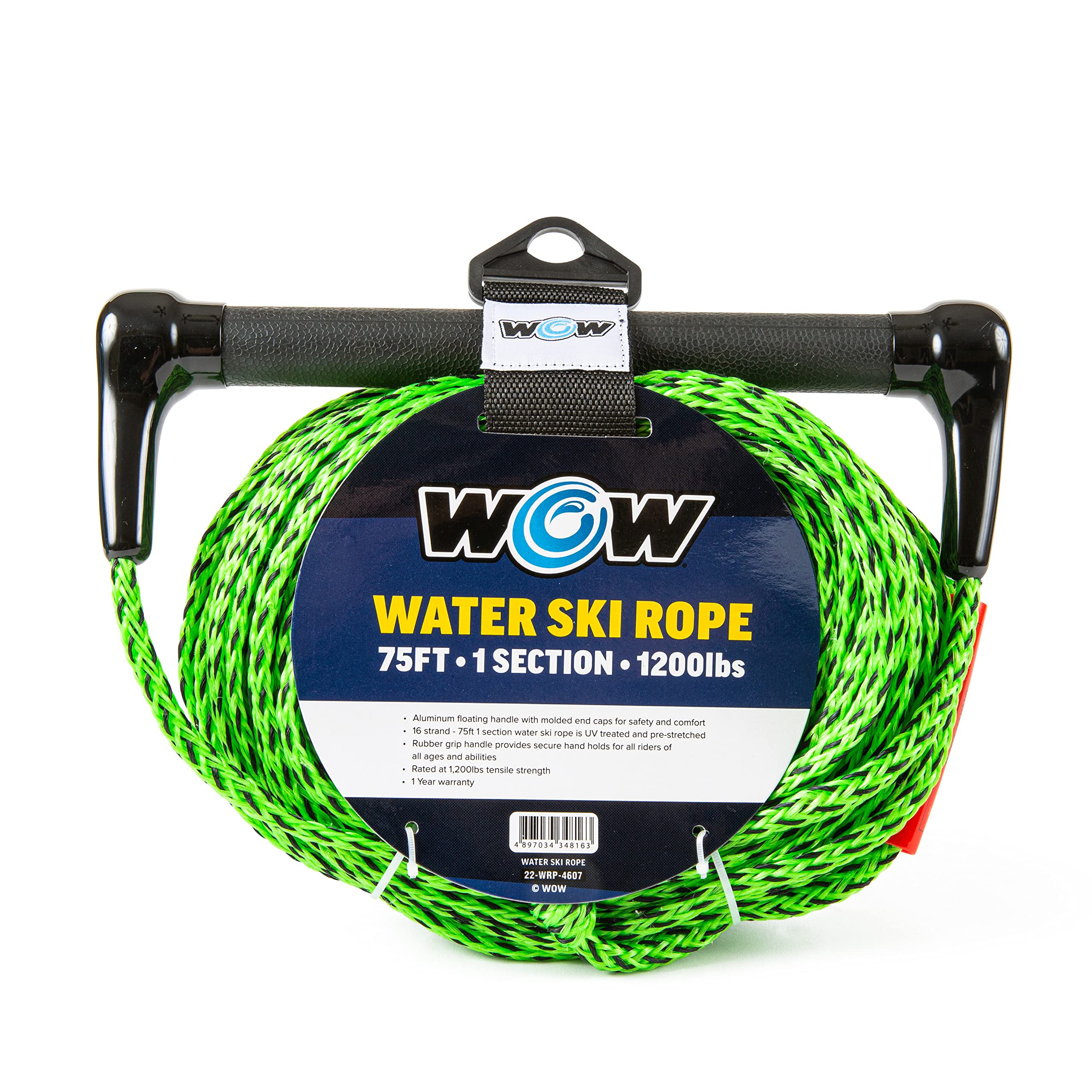 Wow Sports Towing Rope For Wakeboard, Water Ski And Wakesurf, 1-Section Tow Rope With Rubber Handle, 75