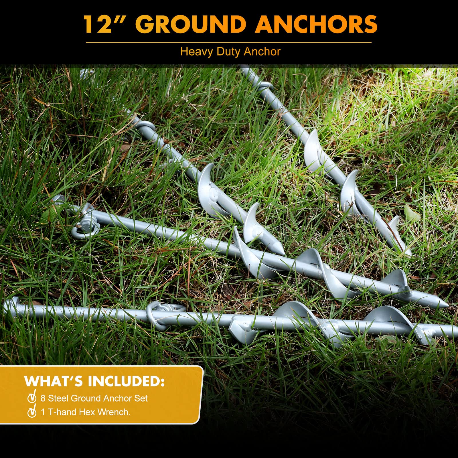 Zhengmy 8 Pcs Ground Anchors Screw In, 12 Inch Heavy Duty Tent Stakes With Trampoline Anchor Hook Ground Stakes For Camping Tent